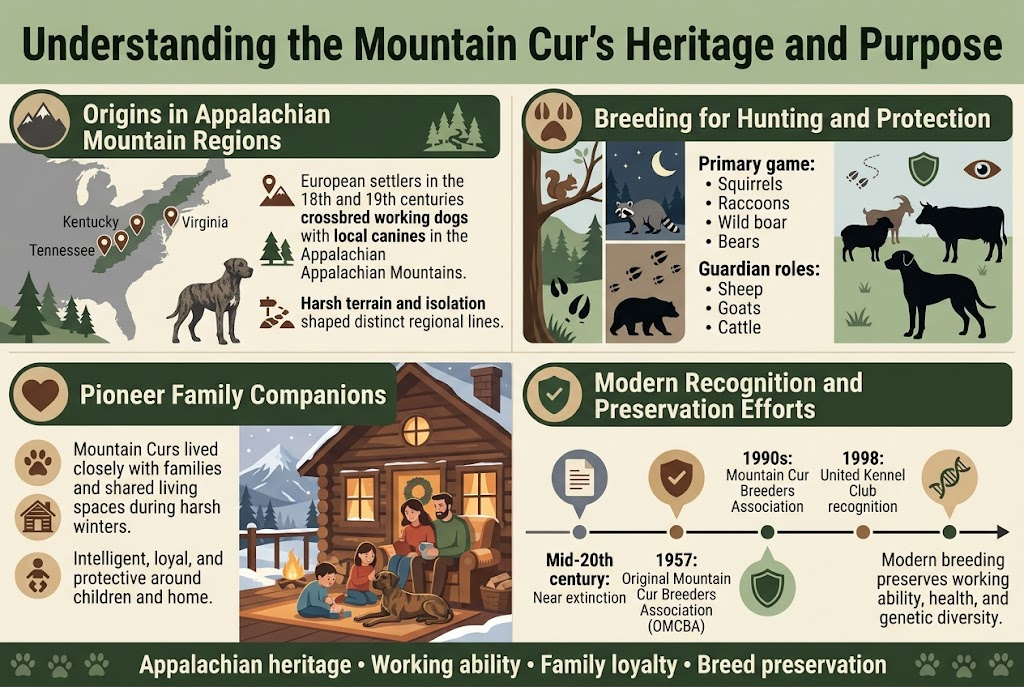 Create a clean, professional full-bleed infographic in a 3:2 aspect ratio about the Mountain Cur dog breed, using a wide horizontal multi-section layout with no vertical poster frame. Use a rustic Appalachian color palette of forest green, deep brown, slate gray, warm tan, and cream, with bold sans-serif headings and smaller readable sans-serif body text.Top banner across the full width: large bold title in dark green, exact text: "Understanding the Mountain Cur's Heritage and Purpose"Below the title, divide the infographic into 4 horizontal sections with clear icons and visual hierarchy:1) LEFT TOP SECTION: "Origins in Appalachian Mountain Regions"
Place a small map silhouette of the Appalachian Mountains with pin icons labeled "Kentucky", "Tennessee", and "Virginia", plus a rugged mountain dog silhouette. Include a short text block with exact text:
"European settlers in the 18th and 19th centuries crossbred working dogs with local canines in the Appalachian Mountains. Harsh terrain and isolation shaped distinct regional lines."
Use a mountain icon, forest trees, and rocky trail symbols.2) CENTER TOP SECTION: "Breeding for Hunting and Protection"
Show a split-panel with hunting and guarding visuals: a squirrel in a tree, a raccoon at night, wild boar tracks, a bear silhouette, and beside them livestock silhouettes of sheep, goats, and cattle protected by a vigilant dog. Include a bold subheading and a compact bullet list with exact text:
"Primary game: Squirrels, Raccoons, Wild boar, Bears"
"Guardian roles: Sheep, Goats, Cattle"
Add small icons for scent trail, moonlight, shield, and alert eyes.3) LEFT BOTTOM SECTION: "Pioneer Family Companions"
Show a cozy mountain cabin interior with a family and a Mountain Cur lying near children. Add warm light and winter setting elements. Include exact text:
"Mountain Curs lived closely with families and shared living spaces during harsh winters."
"Intelligent, loyal, and protective around children and home."
Use heart, cabin, child, and paw print icons.4) RIGHT BOTTOM SECTION: "Modern Recognition and Preservation Efforts"
Create a timeline-style block with a rescue/heritage theme. Include exact text:
"Mid-20th century: Near extinction"
"1957: Original Mountain Cur Breeders Association (OMCBA)"
"1990s: Mountain Cur Breeders Association"
"1998: United Kennel Club recognition"
"Modern breeding preserves working ability, health, and genetic diversity."
Use a timeline line with milestone dots, a document icon, a shield icon, and a DNA helix icon.Add a small footer strip at the bottom with a subtle paw-print border and the exact text:
"Appalachian heritage &bull; Working ability &bull; Family loyalty &bull; Breed preservation"Style details: use clean infographics, balanced spacing, crisp vector shapes, subtle texture in the mountains and cabin, high contrast for readability, and clear section headers in dark green on cream panels. Place icons next to each heading and keep all text legible and evenly aligned across the wide layout.