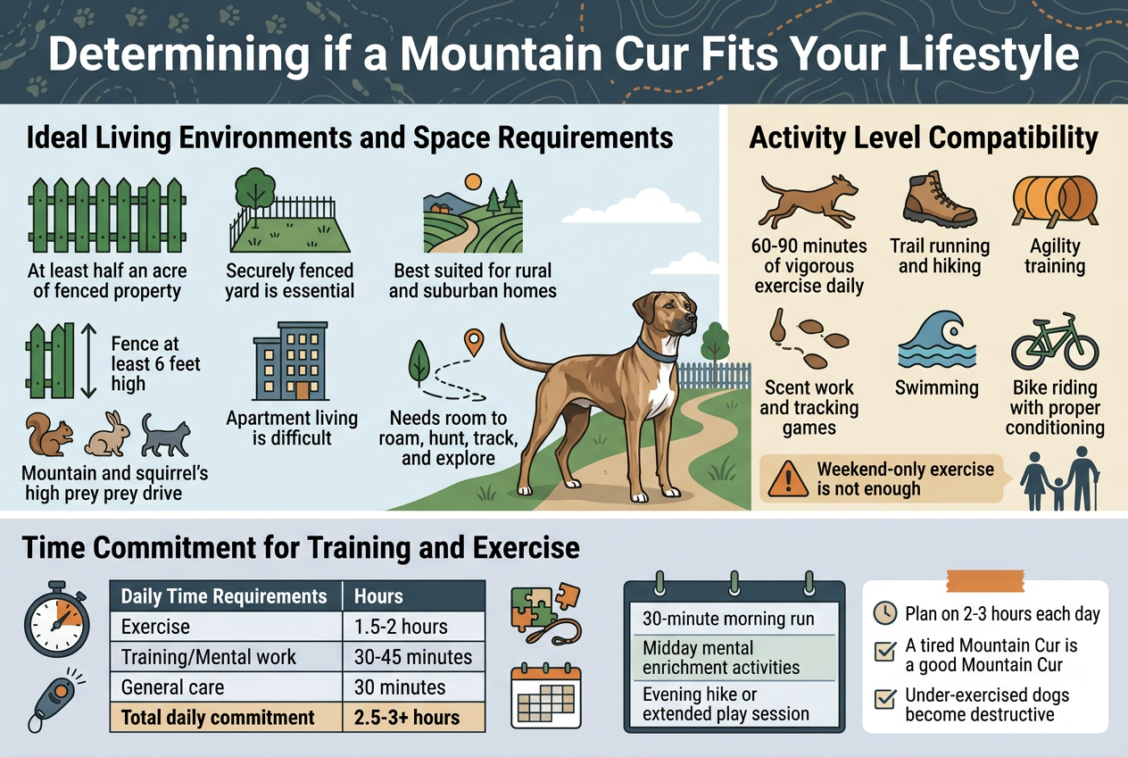 Create a clean, professional infographic illustration in a 3:2 aspect ratio with a full-bleed layout, wide horizontal composition, no poster frame, no inset margins, and a modern outdoor-themed color palette of forest green, tan, slate blue, white, and warm orange accents. Use bold sans-serif typography with clear hierarchy.Top banner across the full width:
Large bold title text: "Determining if a Mountain Cur Fits Your Lifestyle"
Add a subtle background pattern of paw prints, trails, and topographic lines.Below the title, divide the infographic into 3 wide horizontal sections with icon-based blocks and clear spacing.Section 1 on the upper left and center, titled in bold:
"Ideal Living Environments and Space Requirements"
Use a green fence icon, a yard icon, and a rural landscape icon.
Include short bullet-style text blocks:
"At least half an acre of fenced property"
"Securely fenced yard is essential"
"Fence at least 6 feet high"
"Best suited for rural and suburban homes"
"Apartment living is difficult"
"Needs room to roam, hunt, track, and explore"
Add small visual icons of a squirrel, rabbit, and cat near the fence to show prey drive.Section 2 on the upper right, titled in bold:
"Activity Level Compatibility"
Use energetic icons: running dog, hiking boot, agility tunnel, scent trail, swimming wave, and bicycle.
Include concise text blocks:
"60-90 minutes of vigorous exercise daily"
"Trail running and hiking"
"Agility training"
"Scent work and tracking games"
"Long fetch sessions"
"Swimming"
"Bike riding with proper conditioning"
Add a small warning badge near the bottom of this section with text:
"Weekend-only exercise is not enough"
Include a small happy active family silhouette near the bottom.Section 3 across the lower half, titled in bold:
"Time Commitment for Training and Exercise"
Use icons for a stopwatch, training clicker, puzzle toy, leash, and calendar.
Create a clean table-style block with strong borders and alternating light shading. Include exactly this table text:
"Daily Time Requirements | Hours"
"Exercise | 1.5-2 hours"
"Training/Mental work | 30-45 minutes"
"General care | 30 minutes"
"Total daily commitment | 2.5-3+ hours"
Add a small schedule graphic beside the table showing:
"30-minute morning run"
"Midday mental enrichment activities"
"Evening hike or extended play session"
Also include a small note box with text:
"Plan on 2-3 hours each day"
"A tired Mountain Cur is a good Mountain Cur"
"Under-exercised dogs become destructive"Use visual hierarchy with the biggest emphasis on the title and section headers, medium emphasis on key numbers, and smaller readable body text. Keep the layout balanced, airy, and easy to scan. Include a realistic athletic Mountain Cur dog illustration near the center-right as the main visual anchor, standing alert outdoors near a fenced yard and trail. Use clean icons, crisp lines, and a polished editorial infographic style.