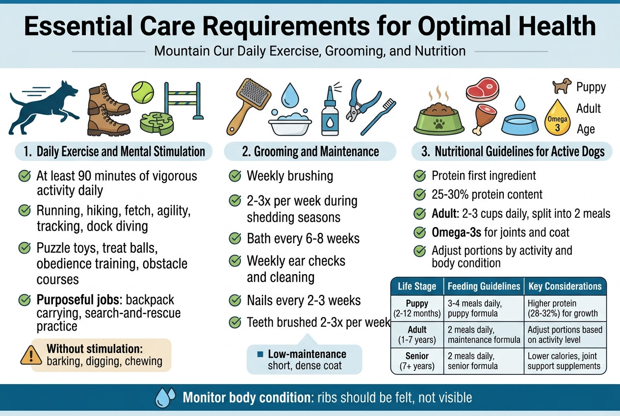 Create a clean, professional full-bleed infographic illustration in a 3:2 aspect ratio with a wide horizontal layout, modern sans-serif fonts, and a blue, green, and warm gold color palette with white backgrounds and subtle dog-themed accents.Top header across the full width:
Large bold title text: "Essential Care Requirements for Optimal Health"
Small subtitle beneath: "Mountain Cur Daily Exercise, Grooming, and Nutrition"Below the header, divide the infographic into three wide horizontal sections with clear icons and numbered labels:LEFT SECTION: "1. Daily Exercise and Mental Stimulation"
Use a dynamic action icon cluster: a running dog silhouette, hiking boots, a fetch ball, an agility hurdle, and a puzzle toy.
Include short bullet points with checkmark icons:
- "At least 90 minutes of vigorous activity daily"
- "Running, hiking, fetch, agility, tracking, dock diving"
- "Puzzle toys, treat balls, obedience training, obstacle courses"
- "Purposeful jobs: backpack carrying, search-and-rescue practice"
Add a small warning callout box with an alert icon:
- "Without stimulation: barking, digging, chewing"CENTER SECTION: "2. Grooming and Maintenance"
Use a grooming icon cluster: brush, bath drop, ear cleaner, nail clipper, toothbrush.
Include short bullet points with checkmark icons:
- "Weekly brushing"
- "2-3x per week during shedding seasons"
- "Bath every 6-8 weeks"
- "Weekly ear checks and cleaning"
- "Nails every 2-3 weeks"
- "Teeth brushed 2-3x per week"
Add a small note box:
- "Low-maintenance short, dense coat"RIGHT SECTION: "3. Nutritional Guidelines for Active Dogs"
Use a nutrition icon cluster: food bowl, meat protein symbol, water bowl, omega-3 fish oil drop, puppy/adult/senior age icons.
Include short bullet points with checkmark icons:
- "Protein first ingredient"
- "25-30% protein content"
- "Adult: 2-3 cups daily, split into 2 meals"
- "Omega-3s for joints and coat"
- "Fresh water always available"
- "Adjust portions by activity and body condition"
Add a compact 3-row feeding table with clean lines and readable text:Table heading:
"Life Stage | Feeding Guidelines | Key Considerations"Row 1:
"Puppy (2-12 months) | 3-4 meals daily, puppy formula | Higher protein (28-32%) for growth"Row 2:
"Adult (1-7 years) | 2 meals daily, maintenance formula | Adjust portions based on activity level"Row 3:
"Senior (7+ years) | 2 meals daily, senior formula | Lower calories, joint support supplements"Bottom footer strip across the full width with a water droplet icon and body-condition icon:
- "Monitor body condition: ribs should be felt, not visible"Use clear visual hierarchy with large section headers, medium bullet text, and small callout notes. Include simple flat icons, crisp lines, balanced spacing, and a polished editorial infographic style. Avoid any vertical poster arrangement; keep the composition wide and evenly distributed across the page.