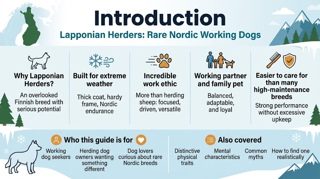 16:9 full-bleed infographic illustration, clean professional modern style, white and icy blue background with forest green and warm orange accents, bold sans-serif typography, high contrast, wide horizontal layout with multiple sections, no poster frame, no narrow centered stack.Top header spanning full width: large bold title text in dark navy, "Introduction" with a smaller subtitle beneath it in teal, "Lapponian Herders: Rare Nordic Working Dogs".Below the header, create a wide 5-block horizontal infographic with clear spacing and simple icons:1) Left block with a small dog silhouette icon and text:
"Why Lapponian Herders?"
"An overlooked Finnish breed with serious potential"2) Second block with a snowflake and wind icon:
"Built for extreme weather"
"Thick coat, hardy frame, Nordic endurance"3) Center block with a paw-print and motion icon:
"Incredible work ethic"
"More than herding sheep: focused, driven, versatile"4) Fourth block with a family and leash icon:
"Working partner and family pet"
"Balanced, adaptable, and loyal"5) Right block with a brush and shield icon:
"Easier to care for than many high-maintenance breeds"
"Strong performance without excessive upkeep"Along the bottom, place a wide banner section with three smaller callout boxes and icons:
"Who this guide is for"
"Working dog seekers"
"Herding dog owners wanting something different"
"Dog lovers curious about rare Nordic breeds""Also covered"
"Distinctive physical traits"
"Mental characteristics"
"Common myths"
"How to find one realistically"Use subtle map-outline and Nordic mountain motifs in the background corners, with clean line art dogs and cold-weather elements. Keep all text legible, aligned, and evenly distributed across the width.