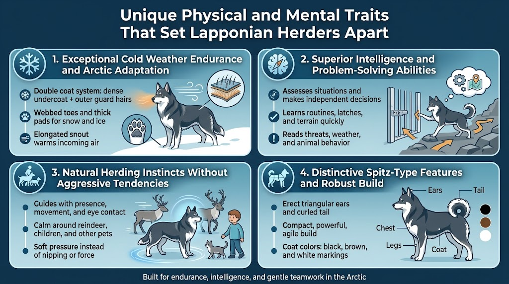 16:9 wide full-bleed professional infographic, clean modern layout, Arctic palette of deep blue, icy cyan, white, gray, with warm amber accents, bold sans-serif fonts, crisp vector illustration style.Top center large bold title in white: "Unique Physical and Mental Traits That Set Lapponian Herders Apart"Below title, arrange 4 wide horizontal sections in a 2x2 grid with clear numbered badges and icons, each section in a rounded rectangle panel with subtle gradient and thin white lines.Section 1, upper left: large snowflake and paw icon. Heading in bold: "1. Exceptional Cold Weather Endurance and Arctic Adaptation"
Include three compact bullet lines with small icons:
- "Double coat system: dense undercoat + outer guard hairs"
- "Webbed toes and thick pads for snow and ice"
- "Elongated snout warms incoming air"
Add visual elements: a Lapponian Herder standing in snow with wind lines, warm air glow near snout, paw close-up inset, coat layers shown as a cross-section diagram.Section 2, upper right: brain and compass icon. Heading in bold: "2. Superior Intelligence and Problem-Solving Abilities"
Include three compact bullet lines:
- "Assesses situations and makes independent decisions"
- "Learns routines, latches, and terrain quickly"
- "Reads threats, weather, and animal behavior"
Add visual elements: dog solving a gate latch, pathfinding arrows on rocky terrain, small thought bubble with gear and map symbols.Section 3, lower left: gentle herding icon with a dog guiding reindeer and a child. Heading in bold: "3. Natural Herding Instincts Without Aggressive Tendencies"
Include three compact bullet lines:
- "Guides with presence, movement, and eye contact"
- "Calm around reindeer, children, and other pets"
- "Soft pressure instead of nipping or force"
Add visual elements: Lapponian Herder calmly circling reindeer, subtle motion lines, child and cat nearby, soft blue halo around the dog.Section 4, lower right: spitz silhouette and body structure icon. Heading in bold: "4. Distinctive Spitz-Type Features and Robust Build"
Include three compact bullet lines:
- "Erect triangular ears and curled tail"
- "Compact, powerful, agile build"
- "Coat colors: black, brown, and white markings"
Add visual elements: clean side-view breed silhouette with labeled callout lines to ears, tail, chest, legs, and coat; small color swatches in black, brown, white.Add a thin footer band across the bottom with small centered text in white: "Built for endurance, intelligence, and gentle teamwork in the Arctic"
Use balanced spacing, strong hierarchy, neat alignment, and readable text. No poster frame, no narrow vertical stack, no photo background, all elements integrated into a wide infographic layout.