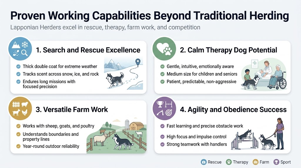 Create a clean professional full-bleed infographic in 16:9 aspect ratio with a wide horizontal layout, no frame, no inset margins, and no narrow vertical stack. Use a modern sans-serif font, dark navy text, icy blue, forest green, warm gold, and soft gray accents.Top header across full width: large bold title in dark navy, centered-left:
"Proven Working Capabilities Beyond Traditional Herding"
Small subtitle beneath in muted gray:
"Lapponian Herders excel in rescue, therapy, farm work, and competition"Below the header, arrange four equal horizontal sections in a 2x2 grid with rounded white cards and colored icon circles at the top of each card.Section 1, top-left card: title in bold:
"1. Search and Rescue Excellence"
Use a blue icon circle with a mountain, snowflake, and magnifying glass. Include three short bullet lines with small check icons:
"Thick double coat for extreme weather"
"Tracks scent across snow, ice, and rock"
"Endures long missions with focused precision"
Add a small visual of a Lapponian Herder moving through snowy terrain with a trail line leading to a person marker.Section 2, top-right card: title in bold:
"2. Calm Therapy Dog Potential"
Use a soft green icon circle with a heart and paw print. Include three short bullet lines:
"Gentle, intuitive, emotionally aware"
"Medium size for children and seniors"
"Patient, predictable, non-aggressive"
Add a visual of the dog calmly beside a child, an elderly patient, and a wheelchair user in a soft clinic setting.Section 3, bottom-left card: title in bold:
"3. Versatile Farm Work"
Use a warm gold icon circle with a fence, sheep, goat, and chicken. Include three short bullet lines:
"Works with sheep, goats, and poultry"
"Understands boundaries and property lines"
"Year-round outdoor reliability"
Add a visual of the dog guiding livestock between fenced pasture sections with a farm background.Section 4, bottom-right card: title in bold:
"4. Agility and Obedience Success"
Use a purple icon circle with a trophy, agility hurdle, and target. Include three short bullet lines:
"Fast learning and precise obstacle work"
"High focus and impulse control"
"Strong teamwork with handlers"
Add a visual of the dog jumping an agility hurdle and standing focused beside a handler holding a leash.Include a thin bottom strip spanning the width with four small labeled icons and short labels:
"Rescue" "Therapy" "Farm" "Sport"
Use subtle line dividers between sections, balanced spacing, crisp vector illustration style, high readability, and a polished infographic design.