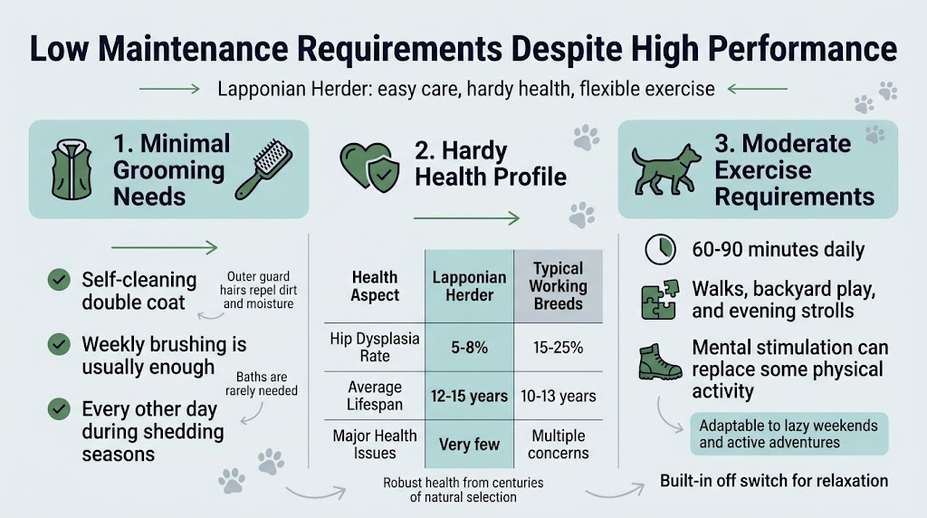 Create a clean, professional full-bleed 16:9 infographic on a light cool-gray background with dark navy text, forest green accents, and soft teal highlight panels. Use a bold modern sans-serif font for headings and a readable sans-serif font for body text. Place a large bold title across the top: "Low Maintenance Requirements Despite High Performance". Add a small subtitle beneath it: "Lapponian Herder: easy care, hardy health, flexible exercise".Arrange the infographic in three wide horizontal sections across the page, each with a clear icon and concise text blocks.SECTION 1 &mdash; left side, wide panel with a dog coat icon and brush icon:
Heading: "1. Minimal Grooming Needs"
Include three short bullet points with checkmark markers:
"Self-cleaning double coat"
"Weekly brushing is usually enough"
"Every other day during shedding seasons"
Add small supporting text in a compact callout: "Outer guard hairs repel dirt and moisture" and "Baths are rarely needed"SECTION 2 &mdash; center panel with a heart and shield icon and a simple comparison chart:
Heading: "2. Hardy Health Profile"
Add a compact 3-row comparison table with clean lines and color accents.
Column headers: "Health Aspect", "Lapponian Herder", "Typical Working Breeds"
Row 1: "Hip Dysplasia Rate" | "5-8%" | "15-25%"
Row 2: "Average Lifespan" | "12-15 years" | "10-13 years"
Row 3: "Major Health Issues" | "Very few" | "Multiple concerns"
Add a small note beneath the table: "Robust health from centuries of natural selection"SECTION 3 &mdash; right side, wide panel with a walking dog, puzzle toy, and hiking boot icon:
Heading: "3. Moderate Exercise Requirements"
Use three icon-labeled points:
"60-90 minutes daily"
"Walks, backyard play, and evening strolls"
"Mental stimulation can replace some physical activity"
Add a small highlighted callout box: "Adaptable to lazy weekends and active adventures"
Add another short line near the bottom: "Built-in off switch for relaxation"Include subtle decorative elements: paw prints, simple line arrows, and small green check icons. Keep spacing open, balanced, and easy to read. Use a polished infographic style with clear hierarchy, aligned text blocks, and no frame border.