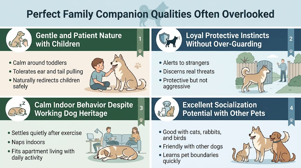 Create a clean, professional full-bleed infographic in 16:9 aspect ratio with a soft Nordic color palette of icy blue, pine green, warm beige, and white. Use a bold sans-serif headline at the top center: &ldquo;Perfect Family Companion Qualities Often Overlooked&rdquo;. Arrange the content in four wide horizontal sections or two-by-two panels across the canvas, each with a simple icon and short text block. Use clear visual hierarchy, strong headings, and minimal body text.Top section: large title centered across the width, with a subtle silhouette of a Lapponian Herder behind the title in a soft background band.Section 1 on the upper left: icon of a gentle dog beside a child&rsquo;s hand. Heading text: &ldquo;Gentle and Patient Nature with Children&rdquo;. Include 3 short bullet points:
&bull; Calm around toddlers
&bull; Tolerates ear and tail pulling
&bull; Naturally redirects children safely
Show a child and dog sitting calmly on the floor with soft, warm expressions.Section 2 on the upper right: icon of a shield and a barking dog silhouette. Heading text: &ldquo;Loyal Protective Instincts Without Over-Guarding&rdquo;. Include 3 short bullet points:
&bull; Alerts to strangers
&bull; Discerns real threats
&bull; Protective but not aggressive
Show a dog standing alert near a yard gate with a distant visitor outside, using a balanced, non-threatening stance.Section 3 on the lower left: icon of a sleeping dog next to a sofa or desk. Heading text: &ldquo;Calm Indoor Behavior Despite Working Dog Heritage&rdquo;. Include 3 short bullet points:
&bull; Settles quietly after exercise
&bull; Naps indoors
&bull; Fits apartment living with daily activity
Show the dog resting peacefully indoors while family life continues around it.Section 4 on the lower right: icon of multiple pets together. Heading text: &ldquo;Excellent Socialization Potential with Other Pets&rdquo;. Include 3 short bullet points:
&bull; Good with cats, rabbits, and birds
&bull; Friendly with other dogs
&bull; Learns pet boundaries quickly
Show a friendly dog near a cat and another dog, with a calm, harmonious household feel.Use small numbered markers &ldquo;1&rdquo;, &ldquo;2&rdquo;, &ldquo;3&rdquo;, &ldquo;4&rdquo; for the four sections. Keep text crisp and readable, with white text on dark green or blue header strips and dark slate text on light backgrounds. Add subtle paw-print accents, clean dividers, and balanced spacing. No frame, no border, no clutter.