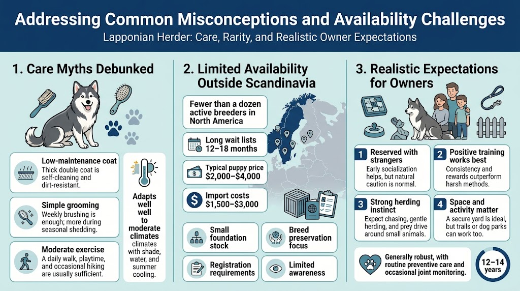 Create a clean, professional 16:9 full-bleed infographic with a modern blue, white, and muted teal palette, subtle gray accents, and bold sans-serif typography. Top banner across the full width with large title text: "Addressing Common Misconceptions and Availability Challenges". Under the title, place a smaller subtitle: "Lapponian Herder: Care, Rarity, and Realistic Owner Expectations". Use a wide three-column layout with clear section blocks, icons, and bold statistic callouts.LEFT COLUMN: "1. Care Myths Debunked"
Include a friendly Lapponian Herder illustration with a brush icon and paw-print symbols.
Add three stacked bullet blocks with small icons:
- "Low-maintenance coat" with text: "Thick double coat is self-cleaning and dirt-resistant."
- "Simple grooming" with text: "Weekly brushing is enough; more during seasonal shedding."
- "Moderate exercise" with text: "A daily walk, playtime, and occasional hiking are usually sufficient."
Add a small thermometer/sun icon callout: "Adapts well to moderate climates with shade, water, and summer cooling."CENTER COLUMN: "2. Limited Availability Outside Scandinavia"
Use a map-style visual with highlighted Scandinavia and small breeder location markers.
Add a large number callout at the top: "Fewer than a dozen active breeders in North America"
Add compact statistic blocks with icons:
- "Long wait lists" with text: "12&ndash;18 months"
- "Typical puppy price" with text: "$2,000&ndash;$4,000"
- "Import costs" with text: "$1,500&ndash;$3,000"
Below, show four short reason blocks with small icons:
- "Small foundation stock"
- "Breed preservation focus"
- "Registration requirements"
- "Limited awareness"
Include a subtle shipping crate / passport / clipboard icon cluster.RIGHT COLUMN: "3. Realistic Expectations for Owners"
Use a lifestyle illustration of a calm dog with family, puzzle toy, leash, and fenced yard icons.
Add four numbered blocks:
- "Reserved with strangers" with text: "Early socialization helps, but natural caution is normal."
- "Positive training works best" with text: "Consistency and rewards outperform harsh methods."
- "Strong herding instinct" with text: "Expect chasing, gentle herding, and prey drive around small animals."
- "Space and activity matter" with text: "A secure yard is ideal, but trails or dog parks can work too."
At the bottom of this column, include a health callout with a heart/paw icon: "Generally robust, with routine preventive care and occasional joint monitoring." Add a lifespan badge: "12&ndash;14 years"Use clear section headers in bold navy text, white cards with thin teal borders, and small circular icons for each bullet. Make the hierarchy very readable, with the title largest, then section headers, then short supporting text. Include no extra text beyond the phrases above.