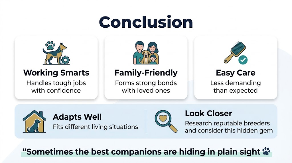16:9 full-bleed infographic illustration, clean modern professional design, wide horizontal layout with no border frame, white background with soft blue and green accents, bold dark navy sans-serif heading at the top center reading "Conclusion"Below the heading, arrange three wide horizontal feature blocks across the middle in a 3-column layout, each with a simple flat icon and short text:Left block: a strong working dog icon with a paw and gear symbol, title in bold reading "Working Smarts", body text reading "Handles tough jobs with confidence"Center block: a happy family with dog icon, title in bold reading "Family-Friendly", body text reading "Forms strong bonds with loved ones"Right block: a grooming brush and checkmark icon, title in bold reading "Easy Care", body text reading "Less demanding than expected"Along the lower section, add a wide callout band with two side-by-side panels:Left lower panel: a home icon with an adaptable dog silhouette, title in bold reading "Adapts Well", body text reading "Fits different living situations"Right lower panel: a magnifying glass and heart icon, title in bold reading "Look Closer", body text reading "Research reputable breeders and consider this hidden gem"At the very bottom, include a highlighted quote-style strip with larger text reading "Sometimes the best companions are hiding in plain sight" and a small paw print icon at the endUse clear hierarchy, bold section titles, simple icons, balanced spacing, subtle shadows, rounded rectangles, navy text with teal and gold accent colors, polished infographic style, readable typography, centered alignment for the title and wide section arrangement across the page