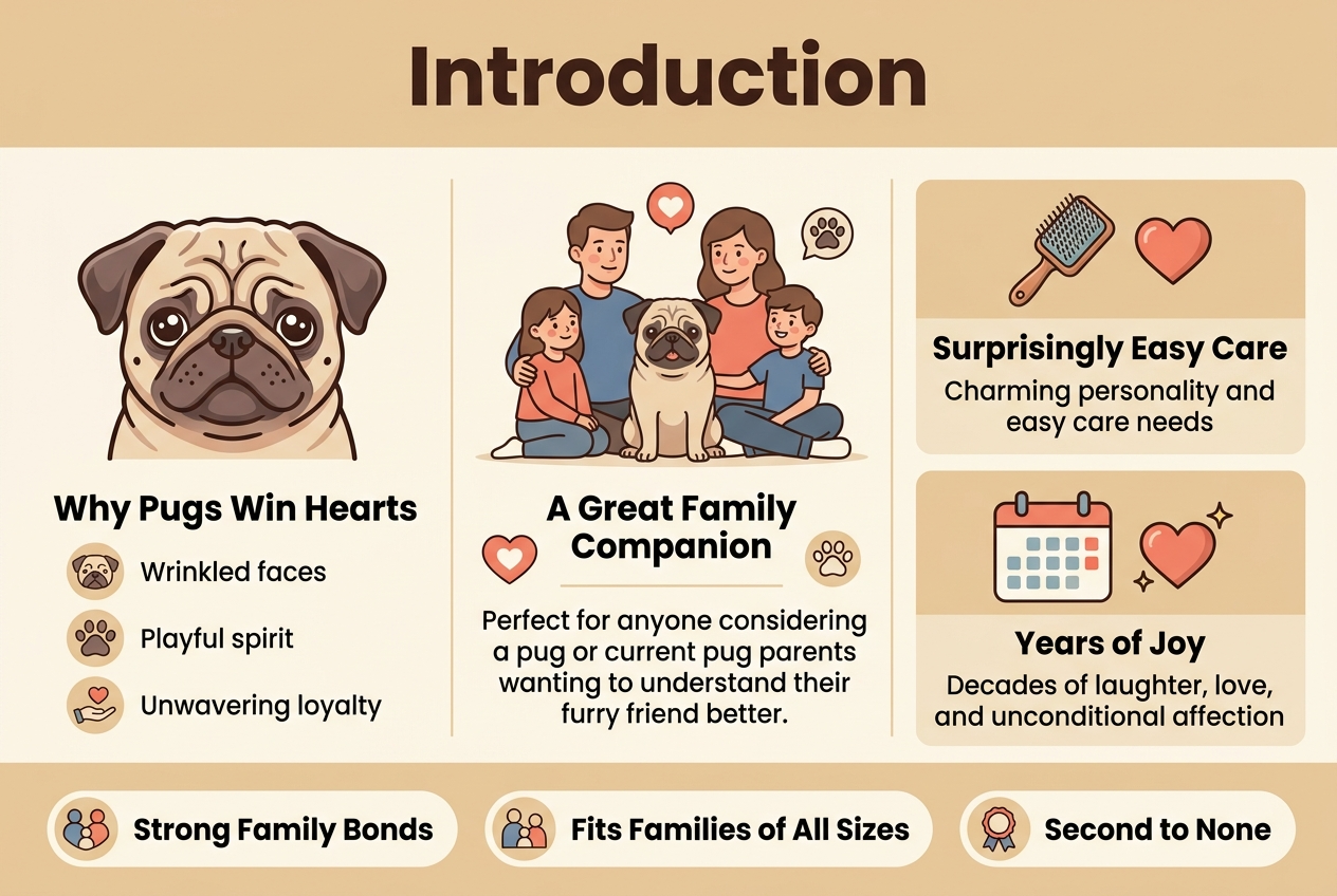 Create a clean, professional full-bleed infographic illustration in a 3:2 aspect ratio about pugs as loving family companions. Use a warm, friendly palette of cream, tan, soft pug-brown, muted blue, and coral accents. Modern sans-serif fonts with a bold headline and clear hierarchy.

Top full-width header bar with the large bold title: "Introduction"
Below the header, arrange the content in a wide 3-column horizontal layout with illustrated pug icons and short text blocks.

Left section:
A large adorable pug face illustration with wrinkled face and big eyes.
Bold subheading: "Why Pugs Win Hearts"
Three short bullet points with small icons:
- "Wrinkled faces"
- "Playful spirit"
- "Unwavering loyalty"

Center section:
A family bonding scene with a pug sitting between adults and children.
Bold subheading: "A Great Family Companion"
Short text block:
"Perfect for anyone considering a pug or current pug parents wanting to understand their furry friend better."
Include a heart icon and a paw-print icon.

Right section:
A simple care-and-joy panel with two stacked blocks.
Top block with a grooming brush and heart icon:
Bold subheading: "Surprisingly Easy Care"
Text: "Charming personality and easy care needs"
Bottom block with a calendar and sparkling heart icon:
Bold subheading: "Years of Joy"
Text: "Decades of laughter, love, and unconditional affection"

Bottom wide banner across the full width with three rounded highlight badges and icons:
"Strong Family Bonds"
"Fits Families of All Sizes"
"Second to None"

Use clean spacing, clear section dividers, and friendly illustrated icons. Avoid clutter. Keep all text sharp and readable, with the pug illustrations as the visual focus.