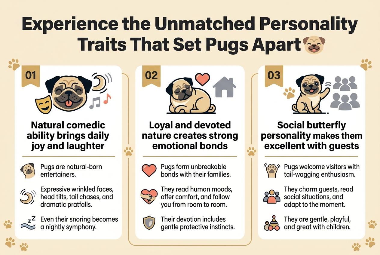 Create a full-bleed infographic illustration in a 3:2 aspect ratio with a clean, modern, professional style. Use a warm cream background with pug-inspired colors: fawn, black, gold, soft gray, and coral accents. Use bold sans-serif fonts for headings and readable sans-serif body text. No frame, no inset border, no narrow vertical poster layout.

Top header across the full width:
Large bold title in dark charcoal: "Experience the Unmatched Personality Traits That Set Pugs Apart"
Place a small smiling pug face icon beside the title.

Below the title, organize the content into three wide horizontal sections or three side-by-side columns with clear visual separation, each with a numbered label, bold subheading, icon, and short supporting text.

Section 1 on the left:
Numbered badge "01"
Icon: a playful pug face with comedy mask, tail spin lines, and music notes
Subheading: "Natural comedic ability brings daily joy and laughter"
Include short body text in 3 lines:
"Pugs are natural-born entertainers."
"Expressive wrinkled faces, head tilts, tail chases, and dramatic pratfalls."
"Even their snoring becomes a nightly symphony."
Add small visual mini-icons for head tilt, tail chase, and snoring waves.

Section 2 in the center:
Numbered badge "02"
Icon: a pug curled beside a heart and a home silhouette
Subheading: "Loyal and devoted nature creates strong emotional bonds"
Include short body text in 3 lines:
"Pugs form unbreakable bonds with their families."
"They read human moods, offer comfort, and follow you from room to room."
"Their devotion includes gentle protective instincts."
Add small visual mini-icons for heart, hugging paws, and a shield.

Section 3 on the right:
Numbered badge "03"
Icon: a pug greeting people with paw waves and guest silhouettes
Subheading: "Social butterfly personality makes them excellent with guests"
Include short body text in 3 lines:
"Pugs welcome visitors with tail-wagging enthusiasm."
"They charm guests, read social situations, and adapt to the moment."
"They are gentle, playful, and great with children."
Add small visual mini-icons for waving paw, group of people, and children&rsquo;s toys.

Layout details:
- Use strong visual hierarchy with the title at top, three evenly spaced content blocks below.
- Use rounded rectangles or soft cards for each section with subtle shadows.
- Add thin connecting lines or playful paw-print dividers between sections.
- Include small decorative paw prints in corners and around section edges.
- Keep all text crisp, centered within each section, and easy to read.
- Use an overall upbeat, friendly, and polished infographic aesthetic.