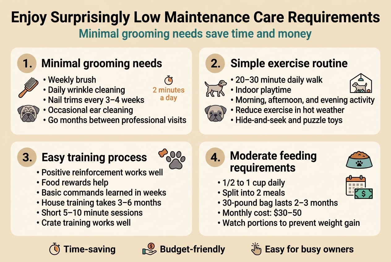 Create a full-bleed 3:2 landscape infographic in a clean modern flat-vector style about pug care. Use a warm cream background with dark charcoal text, soft tan and pug-gray accents, muted orange highlights, and teal secondary accents. Use a bold sans-serif title at the top spanning the width.

Top heading, large bold text:
"Enjoy Surprisingly Low Maintenance Care Requirements"

Directly beneath the title, a smaller subtitle in teal:
"Minimal grooming needs save time and money"

Divide the infographic into four wide horizontal sections or a 2x2 grid of panels with clear numbered badges, icons, and short bullet-style text. Use rounded rectangles, subtle shadows, and simple pictograms.

Section 1, left top panel, with a brush and wrinkled dog face icon:
"1. Minimal grooming needs"
"&bull; Weekly brush"
"&bull; Daily wrinkle cleaning"
"&bull; Nail trims every 3&ndash;4 weeks"
"&bull; Occasional ear cleaning"
"&bull; Go months between professional visits"

Add a small note callout in orange:
"2 minutes a day"

Section 2, right top panel, with a walking dog and indoor play icon:
"2. Simple exercise routine"
"&bull; 20&ndash;30 minute daily walk"
"&bull; Indoor playtime"
"&bull; Morning, afternoon, and evening activity"
"&bull; Reduce exercise in hot weather"
"&bull; Hide-and-seek and puzzle toys"

Section 3, left bottom panel, with a training treat and paw icon:
"3. Easy training process"
"&bull; Positive reinforcement works well"
"&bull; Food rewards help"
"&bull; Basic commands learned in weeks"
"&bull; House training takes 3&ndash;6 months"
"&bull; Short 5&ndash;10 minute sessions"
"&bull; Crate training works well"

Section 4, right bottom panel, with a food bowl and calendar/money icon:
"4. Moderate feeding requirements"
"&bull; 1/2 to 1 cup daily"
"&bull; Split into 2 meals"
"&bull; 30-pound bag lasts 2&ndash;3 months"
"&bull; Monthly cost: $30&ndash;50"
"&bull; Watch portions to prevent weight gain"

Add a bottom strip with three small highlighted benefit icons and text:
"Time-saving"
"Budget-friendly"
"Easy for busy owners"

Use clear visual hierarchy, bold section numbers in circular badges, simple line icons, and balanced spacing across the full width. Keep all text crisp, readable, and aligned in a professional infographic layout.