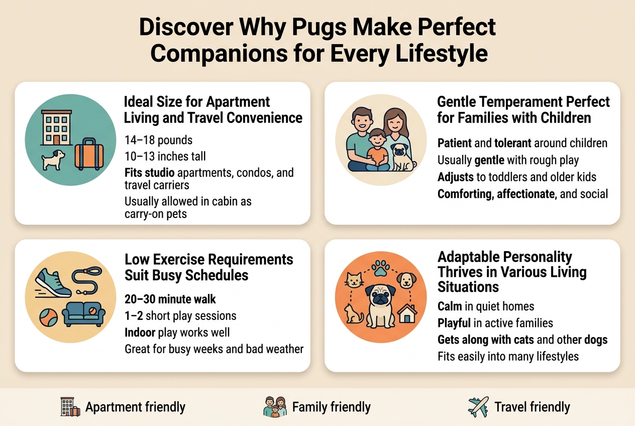 Create a full-bleed clean professional infographic in a 3:2 aspect ratio with a modern flat vector style, soft warm neutrals and pug-friendly accents in teal, navy, cream, and orange. Use a bold sans-serif title at the top across the full width.

Top header text:
"Discover Why Pugs Make Perfect Companions for Every Lifestyle"

Below the title, arrange four wide horizontal sections in a 2x2 grid with clear spacing, each section containing a colored circular icon on the left, a bold subheading, and 2&ndash;3 short supporting lines. Use rounded cards with subtle shadows, simple line icons, and strong visual hierarchy.

Section 1, top left:
Icon: a small apartment building with a tiny dog silhouette and a suitcase.
Subheading text:
"Ideal Size for Apartment Living and Travel Convenience"
Body text:
"14&ndash;18 pounds"
"10&ndash;13 inches tall"
"Fits studio apartments, condos, and travel carriers"
"Usually allowed in cabin as carry-on pets"

Section 2, top right:
Icon: a smiling family with a child and a pug sitting calmly beside them.
Subheading text:
"Gentle Temperament Perfect for Families with Children"
Body text:
"Patient and tolerant around children"
"Usually gentle with rough play"
"Adjusts to toddlers and older kids"
"Comforting, affectionate, and social"

Section 3, bottom left:
Icon: a walking shoe, a leash, and a couch with a toy ball.
Subheading text:
"Low Exercise Requirements Suit Busy Schedules"
Body text:
"20&ndash;30 minute walk"
"1&ndash;2 short play sessions"
"Indoor play works well"
"Great for busy weeks and bad weather"

Section 4, bottom right:
Icon: a pug surrounded by small icons of a cat, another dog, and a house.
Subheading text:
"Adaptable Personality Thrives in Various Living Situations"
Body text:
"Calm in quiet homes"
"Playful in active families"
"Gets along with cats and other dogs"
"Fits easily into many lifestyles"

Add a slim bottom strip with three small icon callouts and short text, aligned horizontally across the width:
"Apartment friendly"
"Family friendly"
"Travel friendly"

Use clean typography, bold keywords, simple pictograms, balanced spacing, and a friendly polished infographic look with no clutter.