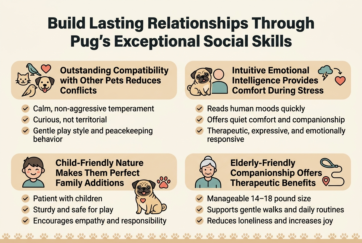 Create a full-bleed 3:2 infographic illustration with a clean modern veterinary/family-friendly style, soft cream background, pug-inspired warm beige, black, muted teal, and coral accents, bold sans-serif typography, clear visual hierarchy, and wide horizontal layout with no poster frame.

Top center: large bold title in dark charcoal text, exactly: "Build Lasting Relationships Through Pug's Exceptional Social Skills"

Below the title, arrange four wide horizontal content sections in a 2x2 grid with rounded rectangles, subtle shadows, and a distinct icon on the left of each section:

1) Top-left section with a cat, bird, and dog icon cluster plus a small heart icon. Heading text: "Outstanding Compatibility with Other Pets Reduces Conflicts"
   Include 3 short bullet points with checkmark markers:
   &bull; "Calm, non-aggressive temperament"
   &bull; "Curious, not territorial"
   &bull; "Gentle play style and peacekeeping behavior"

2) Top-right section with a cozy pug beside a person silhouette and a small stress/cloud icon turning into a heart. Heading text: "Intuitive Emotional Intelligence Provides Comfort During Stress"
   Include 3 short bullet points with checkmark markers:
   &bull; "Reads human moods quickly"
   &bull; "Offers quiet comfort and companionship"
   &bull; "Therapeutic, expressive, and emotionally responsive"

3) Bottom-left section with a smiling child icon and a pug with a heart paw print. Heading text: "Child-Friendly Nature Makes Them Perfect Family Additions"
   Include 3 short bullet points with checkmark markers:
   &bull; "Patient with children"
   &bull; "Sturdy and safe for play"
   &bull; "Encourages empathy and responsibility"

4) Bottom-right section with a senior person icon, a leash, and a walking path with a small heart. Heading text: "Elderly-Friendly Companionship Offers Therapeutic Benefits"
   Include 3 short bullet points with checkmark markers:
   &bull; "Manageable 14&ndash;18 pound size"
   &bull; "Supports gentle walks and daily routines"
   &bull; "Reduces loneliness and increases joy"

Use simple line icons, friendly pug illustrations with expressive faces, and clear spacing between sections. Add a thin decorative paw-print border running subtly along the bottom edge. Keep all text crisp, readable, and aligned left within each section.