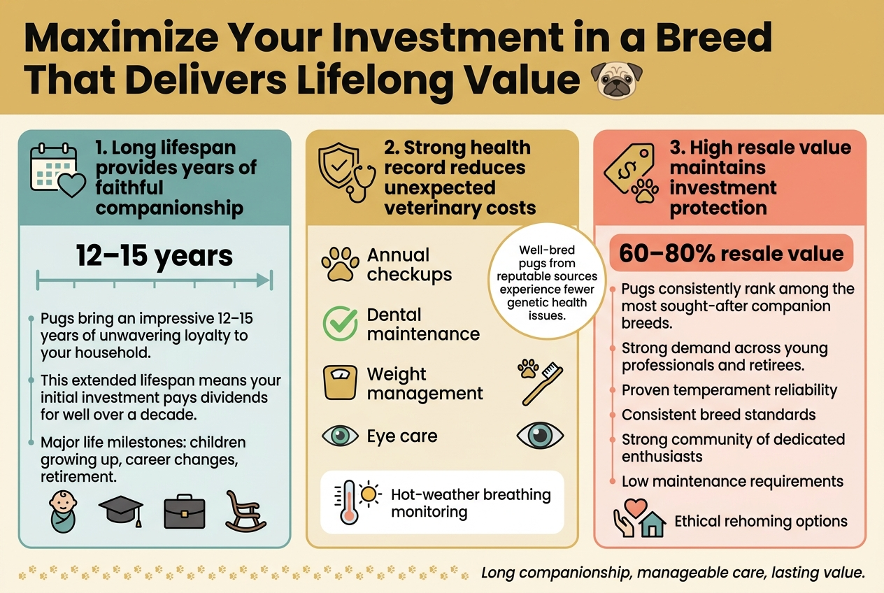 Create a clean, professional full-bleed infographic in a 3:2 aspect ratio with a modern veterinary/pet-care style. Use a warm cream background with pug-gold, charcoal, teal, and soft coral accents. Use bold sans-serif typography for headings and clear smaller sans-serif body text. Layout should be wide and horizontal, with three main side-by-side content blocks across the page and a strong header band at the top.

Top header: large bold title in dark charcoal, centered-left across the width:
"Maximize Your Investment in a Breed That Delivers Lifelong Value"
Add a small illustrated pug face icon near the title.

Section 1 on the left: a teal-tinted block with a calendar and heart icon.
Heading:
"1. Long lifespan provides years of faithful companionship"
Include a simple timeline graphic showing "12&ndash;15 years" in large bold numerals.
Add short supporting text in neat lines:
"Pugs bring an impressive 12&ndash;15 years of unwavering loyalty to your household."
"This extended lifespan means your initial investment pays dividends for well over a decade."
"Major life milestones: children growing up, career changes, retirement."
Include small milestone icons: baby, graduation cap, briefcase, rocking chair.

Section 2 in the center: a gold-tinted block with a shield and stethoscope icon.
Heading:
"2. Strong health record reduces unexpected veterinary costs"
Show a checklist of four items with green check icons:
"Annual checkups"
"Dental maintenance"
"Weight management"
"Eye care"
Add a small side note in a rounded callout:
"Well-bred pugs from reputable sources experience fewer genetic health issues."
Include simple health visuals: paw print, toothbrush, scale, eye icon, and a small thermometer with a sun icon to indicate hot-weather breathing monitoring.

Section 3 on the right: a coral-tinted block with a price tag and paw icon.
Heading:
"3. High resale value maintains investment protection"
Display a bold value badge:
"60&ndash;80% resale value"
Add short supporting lines:
"Pugs consistently rank among the most sought-after companion breeds."
"Strong demand across young professionals and retirees."
"Proven temperament reliability"
"Consistent breed standards"
"Strong community of dedicated enthusiasts"
"Low maintenance requirements"
At the bottom of this section, include a small rescue network icon cluster with a heart and house symbol and the text:
"Ethical rehoming options"

Along the bottom of the infographic, add a thin footer strip with a tiny paw-print pattern and a short closing line in italic:
"Long companionship, manageable care, lasting value."

Use clear spacing, aligned boxes, subtle dividers, rounded corners, and simple flat vector icons. Keep all text crisp and legible, with the hierarchy: title, section headings, bold numeric highlights, then supporting bullet text.