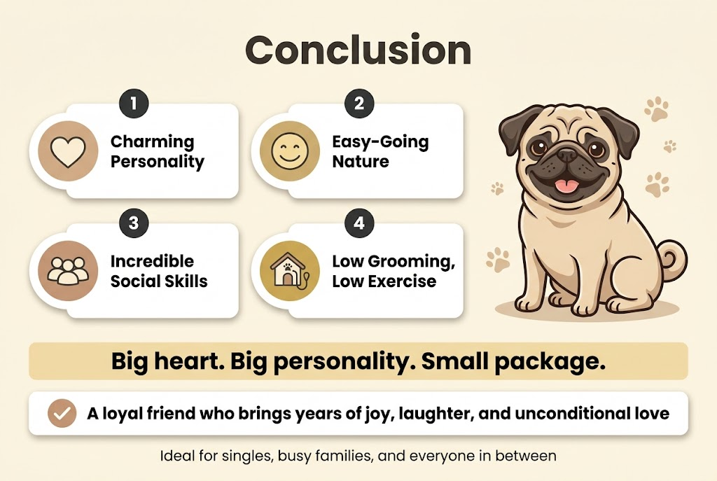 Create a clean, professional full-bleed infographic illustration in 3:2 landscape ratio with a warm cream background, soft tan, light brown, muted gold, and dark charcoal accents. Use a bold sans-serif headline at the top center that reads "Conclusion". Add a friendly illustrated pug as the main visual on the right side, sitting happily with a wrinkly face and curled tail, surrounded by subtle paw-print accents.

Arrange the content in a wide 2-column layout with four numbered feature blocks on the left and center, each with a circular icon and short text:
1. A heart icon next to the text "Charming Personality"
2. A smile icon next to the text "Easy-Going Nature"
3. A group-of-people icon next to the text "Incredible Social Skills"
4. A small home-and-leash icon next to the text "Low Grooming, Low Exercise"

Add a highlighted horizontal banner across the lower third with bold text: "Big heart. Big personality. Small package."
Below it, add a final wide callout box with a checkmark icon and the text: "A loyal friend who brings years of joy, laughter, and unconditional love"

Include a short bottom line in smaller text: "Ideal for singles, busy families, and everyone in between"

Use clear visual hierarchy, bold section headings, rounded cards, subtle shadows, and generous spacing. Keep the layout balanced and readable, with the text blocks aligned horizontally rather than stacked vertically.