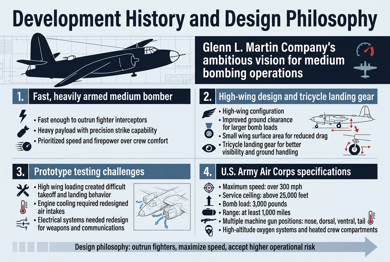 B-26 Marauder 7 Create a full-bleed 3:2 landscape infographic illustration with a clean professional aerospace-history style. Use a dark navy, steel blue, white, and red accent color palette with subtle technical grid lines and blueprint-style background elements. Use bold sans-serif fonts for headings and smaller readable sans-serif body text. Place a large title across the top: "Development History and Design Philosophy".Arrange the content in four wide horizontal sections or two-column blocks, not a vertical poster. Use clear numbered labels, icons, and visual symbols for each section.Top section:
- Left side: a large silhouette illustration of the B-26 Marauder aircraft in flight, angled slightly upward.
- Right side: a bold subtitle block with the text "Glenn L. Martin Company's ambitious vision for medium bombing operations".
- Include a small icon of a speedometer and bomber aircraft.Section 1, left upper block:
- Numbered heading: "1. Fast, heavily armed medium bomber"
- Add bullet text:
"Fast enough to outrun fighter interceptors"
"Heavy payload with precision strike capability"
"Prioritized speed and firepower over crew comfort"
- Use icons: lightning bolt, bomb, and speed lines.Section 2, right upper block:
- Numbered heading: "2. High-wing design and tricycle landing gear"
- Add bullet text:
"High-wing configuration"
"Improved ground clearance for larger bomb loads"
"Small wing surface area for reduced drag"
"Tricycle landing gear for better visibility and ground handling"
- Show two small engineering diagrams: one of the high-wing aircraft profile and one of the tricycle landing gear, with arrows and labels.
- Use icons: wing, landing gear wheel, and visibility eye symbol.Section 3, left lower block:
- Numbered heading: "3. Prototype testing challenges"
- Add bullet text:
"High wing loading created difficult takeoff and landing behavior"
"Engine cooling required redesigned air intakes"
"Electrical systems needed redesign for weapons and communications"
- Include visual symbols of a wrench, thermometer, airflow arrows, and electrical circuit lines.
- Add a small inset technical sketch of engine nacelles with cooling airflow arrows.Section 4, right lower block:
- Numbered heading: "4. U.S. Army Air Corps specifications"
- Add bullet text:
"Maximum speed: over 300 mph"
"Service ceiling: above 25,000 feet"
"Bomb load: 3,000 pounds"
"Range: at least 1,000 miles"
"Multiple machine gun positions: nose, dorsal, ventral, tail"
"High-altitude oxygen systems and heated crew compartments"
- Use icons: target, altitude arrow, fuel tank, machine gun, oxygen mask, and thermometer.Add a thin bottom timeline strip with the text:
"Design philosophy: outrun fighters, maximize speed, accept higher operational risk"
Use a subtle left-to-right arrow motif running across the bottom.Keep all text crisp, legible, and evenly spaced. Use strong visual hierarchy with the title largest, section headings medium-large, and bullets smaller. Ensure wide open composition, balanced spacing, and no decorative frame.