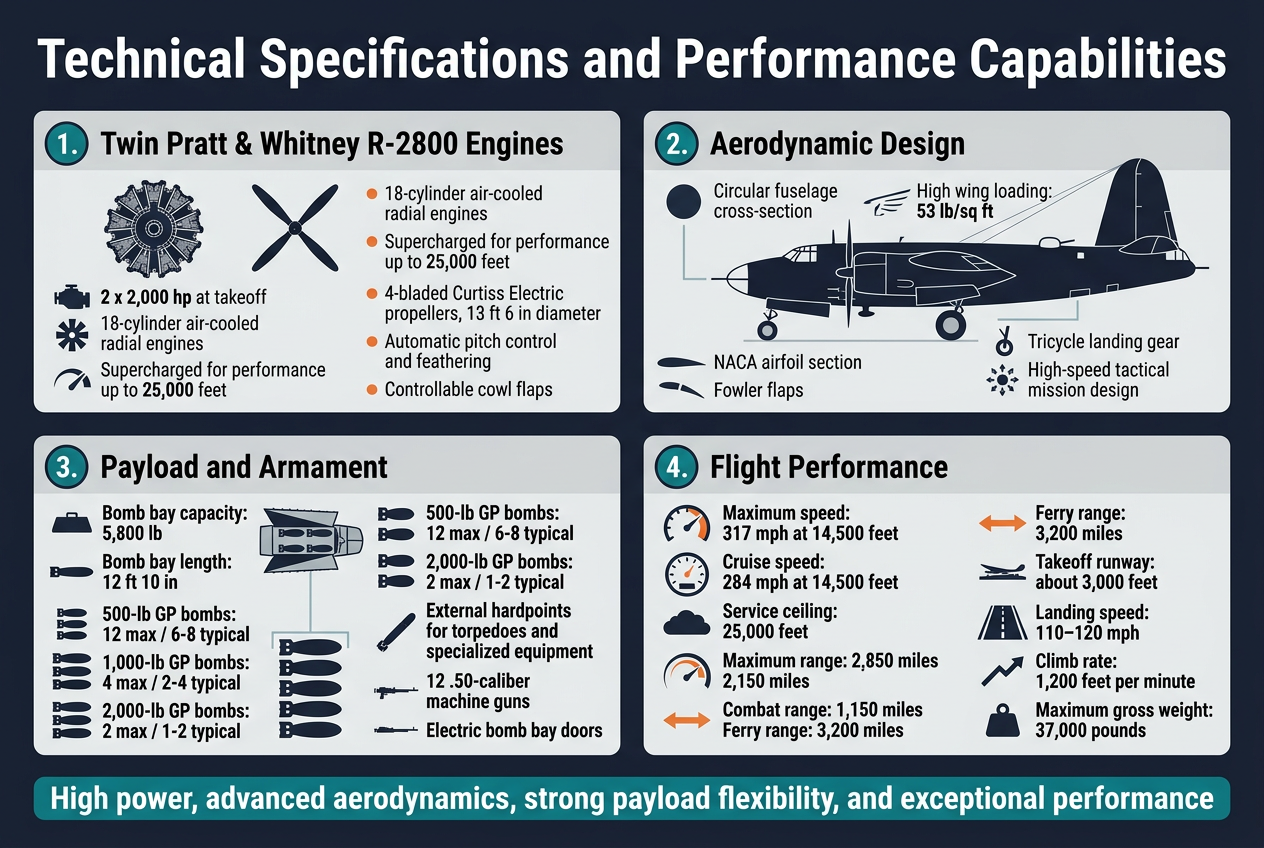 B-26 Marauder 8 Create a full-bleed 3:2 landscape infographic illustration in a clean professional military-technical style, with a dark navy background, light gray panels, white text, teal and orange accent colors, and bold sans-serif typography.Top center: large bold title in white, exact text: "Technical Specifications and Performance Capabilities"Below the title, arrange four wide horizontal content blocks across the page in a 2x2 grid layout, each with a numbered circle icon, a small technical illustration, and concise data callouts.1) Top left block: engine section with a detailed twin radial engine icon and propeller silhouette.
Heading text: "1. Twin Pratt & Whitney R-2800 Engines"
Include bullet callouts with small engine and propeller icons:
"2 x 2,000 hp at takeoff"
"18-cylinder air-cooled radial engines"
"Supercharged for performance up to 25,000 feet"
"4-bladed Curtiss Electric propellers, 13 ft 6 in diameter"
"Automatic pitch control and feathering"
"Controllable cowl flaps"2) Top right block: aerodynamics section with a sleek side-profile silhouette of the B-26 Marauder and wing diagram lines.
Heading text: "2. Aerodynamic Design"
Include callouts with wing, fuselage, and landing gear icons:
"Circular fuselage cross-section"
"High wing loading: 53 lb/sq ft"
"NACA airfoil section"
"Fowler flaps"
"Tricycle landing gear"
"High-speed tactical mission design"3) Bottom left block: payload section with bomb bay cutaway diagram and ordnance icons.
Heading text: "3. Payload and Armament"
Include a cutaway bomb bay illustration and stacked ordnance symbols:
"Bomb bay capacity: 5,800 lb"
"Bomb bay length: 12 ft 10 in"
"500-lb GP bombs: 12 max / 6-8 typical"
"1,000-lb GP bombs: 4 max / 2-4 typical"
"2,000-lb GP bombs: 2 max / 1-2 typical"
"External hardpoints for torpedoes and specialized equipment"
"12 .50-caliber machine guns"
"Electric bomb bay doors"4) Bottom right block: performance section with speedometer, altitude gauge, and range arrows.
Heading text: "4. Flight Performance"
Include metric callouts with speed, altitude, range, runway, and climb icons:
"Maximum speed: 317 mph at 14,500 feet"
"Cruise speed: 284 mph at 14,500 feet"
"Service ceiling: 25,000 feet"
"Maximum range: 2,850 miles"
"Combat range: 1,150 miles"
"Ferry range: 3,200 miles"
"Takeoff runway: about 3,000 feet"
"Landing speed: 110–120 mph"
"Climb rate: 1,200 feet per minute"
"Maximum gross weight: 37,000 pounds"Add a slim bottom banner across the full width with a bold summary statement in white on a teal strip:
"High power, advanced aerodynamics, strong payload flexibility, and exceptional performance"Use crisp vector-style diagrams, precise technical labels, clean spacing, subtle grid lines, and strong visual hierarchy. Keep all text sharp and readable, with icons aligned to each metric. No borders, no frame, no inset margins.