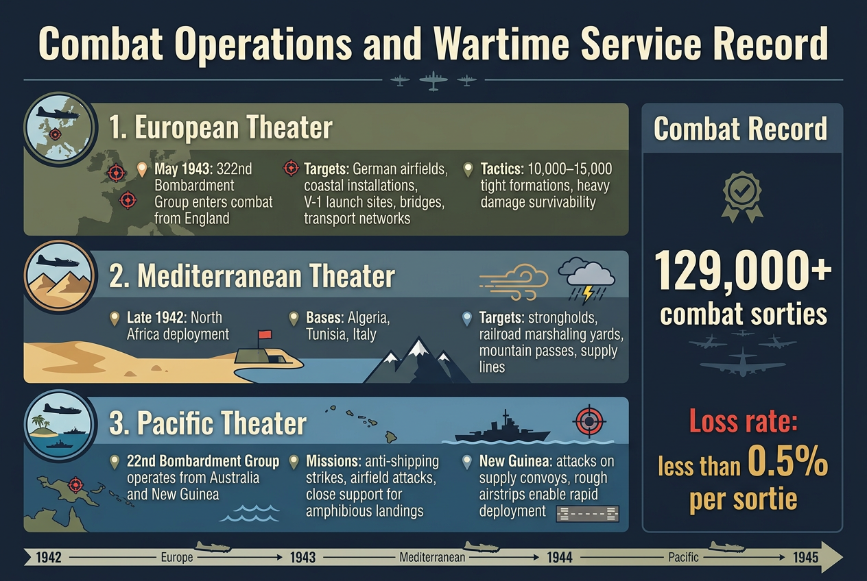B-26 Marauder 9 Create a full-bleed 3:2 landscape infographic illustration in a clean professional WWII military-history style, with a dark navy background, muted olive and steel blue panels, cream text, and accents of red and gold. Use bold sans-serif headings and smaller readable sans-serif body text.Top center: large bold title in cream text, "Combat Operations and Wartime Service Record". Below the title, a thin horizontal divider line with subtle aircraft silhouette icons.Main layout: three wide horizontal content panels across the page, each with a distinct color-tinted section and a circular icon at the left of each section. Use numbered headings and short bullet-style callouts. Keep the arrangement balanced and wide, not vertical.Section 1 on the upper left and upper center: heading "1. European Theater" with a small icon of a bomber over a map of Europe. Include three compact subpoints with small markers:
- "May 1943: 322nd Bombardment Group enters combat from England"
- "Targets: German airfields, coastal installations, V-1 launch sites, bridges, transport networks"
- "Tactics: 10,000–15,000 feet, tight formations, heavy damage survivability"
Add a faint outline map of western Europe behind this section and small target symbols on France and England.Section 2 across the middle: heading "2. Mediterranean Theater" with a desert-and-mountain bomber icon. Include three compact subpoints:
- "Late 1942: North Africa deployment"
- "Bases: Algeria, Tunisia, Italy"
- "Targets: strongholds, railroad marshaling yards, mountain passes, supply lines"
Add visual motifs of desert sand, a coastal base, and Italian mountain silhouettes. Include weather symbols for sandstorm and storm clouds.Section 3 across the lower left and lower center: heading "3. Pacific Theater" with an island, ship, and bomber icon. Include three compact subpoints:
- "22nd Bombardment Group operates from Australia and New Guinea"
- "Missions: anti-shipping strikes, airfield attacks, close support for amphibious landings"
- "New Guinea: attacks on supply convoys, rough airstrips enable rapid deployment"
Add a small Pacific island chain, ocean waves, a ship target icon, and runway strip imagery.Right side summary panel spanning top to bottom: bold heading "Combat Record" with a large numerical callout in the center, "129,000+ combat sorties". Beneath it, a prominent statistic line in red and gold, "Loss rate: less than 0.5% per sortie". Add a small medal/checkmark emblem and a subtle aircraft formation graphic behind the numbers.Bottom edge: a thin footer strip with a timeline arrow from "1942" to "1945" and small markers for Europe, Mediterranean, and Pacific. Include miniature bomber icons traveling along the timeline.Use clean grid alignment, strong section dividers, and clear visual hierarchy. All text must be sharp and exactly as written. No extra text.