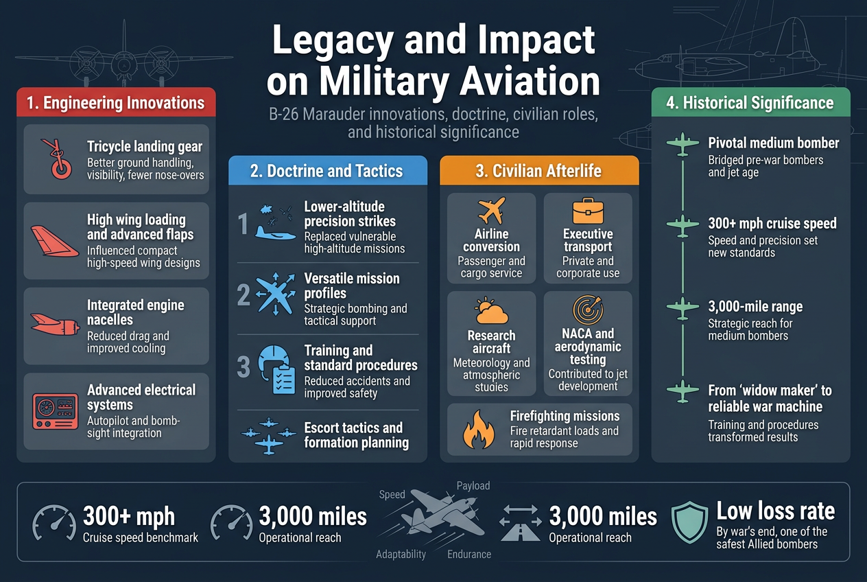 B-26 Marauder 11 Full-bleed professional infographic illustration, aspect ratio 3:2, clean modern aerospace style, deep navy background with steel gray panels, accents of red, orange, and sky blue, bold sans-serif fonts, strong visual hierarchy, crisp flat vector icons, subtle aircraft blueprint lines in the background.Top center large bold heading in white: "Legacy and Impact on Military Aviation"
Directly beneath the heading, a smaller subtitle in light gray: "B-26 Marauder innovations, doctrine, civilian roles, and historical significance"Use a wide 4-section horizontal layout across the canvas, with each section in a separate clean rectangular block and numbered title bar.LEFT SECTION, top-left:
Title bar with white text on red: "1. Engineering Innovations"
Four stacked bullet points with small icons:
- Icon of a tricycle landing gear, text: "Tricycle landing gear"
smaller line: "Better ground handling, visibility, fewer nose-overs"
- Icon of a swept wing, text: "High wing loading and advanced flaps"
smaller line: "Influenced compact high-speed wing designs"
- Icon of engine nacelles blended into a wing, text: "Integrated engine nacelles"
smaller line: "Reduced drag and improved cooling"
- Icon of avionics panel, text: "Advanced electrical systems"
smaller line: "Autopilot and bomb-sight integration"CENTER-LEFT SECTION:
Title bar with white text on blue: "2. Doctrine and Tactics"
Three bold numbered callouts with icons:
- Icon of a bomber flying lower under flak, text: "Lower-altitude precision strikes"
smaller line: "Replaced vulnerable high-altitude missions"
- Icon of a bomber with multiple arrows, text: "Versatile mission profiles"
smaller line: "Strategic bombing and tactical support"
- Icon of a training helmet and checklist, text: "Training and standard procedures"
smaller line: "Reduced accidents and improved safety"
At the bottom of this section, a small icon of a bomber formation with escort fighters and text: "Escort tactics and formation planning"CENTER-RIGHT SECTION:
Title bar with white text on orange: "3. Civilian Afterlife"
Arrange five small icon cards in a grid:
- Passenger plane icon, text: "Airline conversion"
smaller line: "Passenger and cargo service"
- Briefcase icon, text: "Executive transport"
smaller line: "Private and corporate use"
- Weather cloud icon, text: "Research aircraft"
smaller line: "Meteorology and atmospheric studies"
- Radar and test equipment icon, text: "NACA and aerodynamic testing"
smaller line: "Contributed to jet development"
- Fire truck flame icon, text: "Firefighting missions"
smaller line: "Fire retardant loads and rapid response"RIGHT SECTION, top-right:
Title bar with white text on green: "4. Historical Significance"
A vertical timeline with four milestone markers and small aircraft icons:
- "Pivotal medium bomber"
smaller line: "Bridged pre-war bombers and jet age"
- "300+ mph cruise speed"
smaller line: "Speed and precision set new standards"
- "3,000-mile range"
smaller line: "Strategic reach for medium bombers"
- "From 'widow maker' to reliable war machine"
smaller line: "Training and procedures transformed results"BOTTOM WIDE STRIP across full width:
Three highlighted statistic-style callout boxes with large white numerals and icons:
- Large text: "300+ mph" with speedometer icon
smaller text: "Cruise speed benchmark"
- Large text: "3,000 miles" with range icon
smaller text: "Operational reach"
- Large text: "Low loss rate" with shield icon
smaller text: "By war's end, one of the safest Allied bombers"Add small silhouette illustration of a B-26 Marauder along the bottom center, angled slightly upward, with subtle motion lines. Include small labels around it: "Speed", "Payload", "Adaptability", "Endurance"Keep all text sharp, legible, and correctly spelled, with balanced spacing and no empty white areas. No photo textures, no 3D rendering, no decorative border frame.