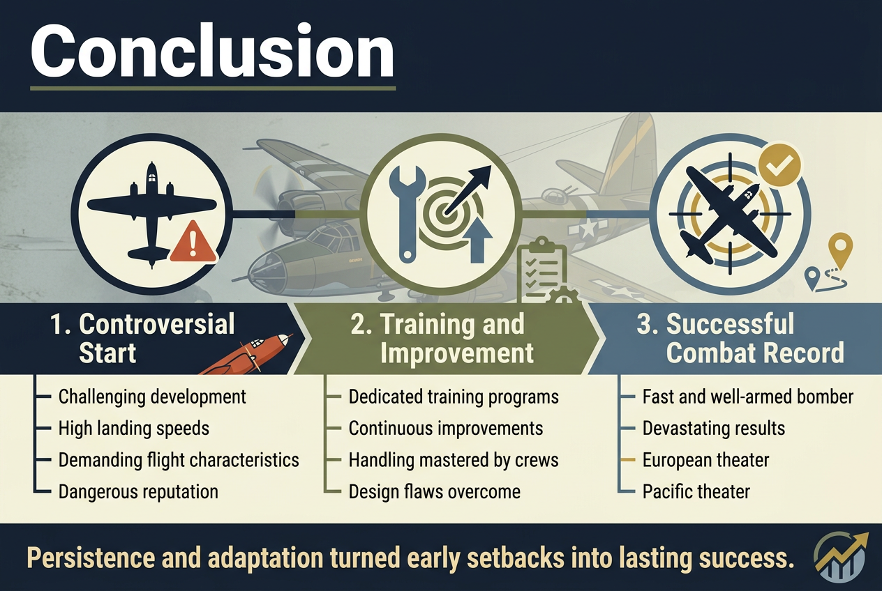 B-26 Marauder 12 Create a full-bleed 3:2 infographic illustration in a clean professional style, with a dark navy, steel gray, olive green, and muted cream color palette, subtle wartime aviation texture, crisp sans-serif typography, and strong visual hierarchy.Top header across the full width: large bold title in white, centered-left at the top, with the exact text: "Conclusion". Add a thin olive underline beneath the title.Main layout: a wide horizontal three-section infographic across the middle and lower area, using connected blocks or panels with clear spacing, not a vertical poster layout.Left section: a large circular icon of a bomber aircraft silhouette with a warning triangle. Heading text: "1. Controversial Start". Beneath it, short bullet-style lines with exact text:
"Challenging development"
"High landing speeds"
"Demanding flight characteristics"
"Dangerous reputation"
Use a red-orange accent for the warning symbols and a small aircraft nose illustration angled upward.Center section: a large circular icon of a wrench, training target, and upward arrow. Heading text: "2. Training and Improvement". Beneath it, short bullet-style lines with exact text:
"Dedicated training programs"
"Continuous improvements"
"Handling mastered by crews"
"Design flaws overcome"
Use olive green and blue-gray accents, with a subtle gear or checklist motif.Right section: a large circular icon of a bomber crossing a target with a checkmark and a map pin. Heading text: "3. Successful Combat Record". Beneath it, short bullet-style lines with exact text:
"Fast and well-armed bomber"
"Devastating results"
"European theater"
"Pacific theater"
Use blue and gold accents, with a clean target graphic and small mission-route line.Bottom band spanning the width: a bold takeaway statement in larger cream text on a dark navy strip with the exact text: "Persistence and adaptation turned early setbacks into lasting success." Add a small final icon of a rising arrow over a stylized aircraft wing at the far right.Include a subtle illustrated Martin B-26 Marauder bomber profile in the background behind the three sections, semi-transparent, angled from left to right, integrated into the design. Use modern infographic spacing, sharp lines, minimal clutter, and clear visual balance. No inset frame, no poster border, no extra text.