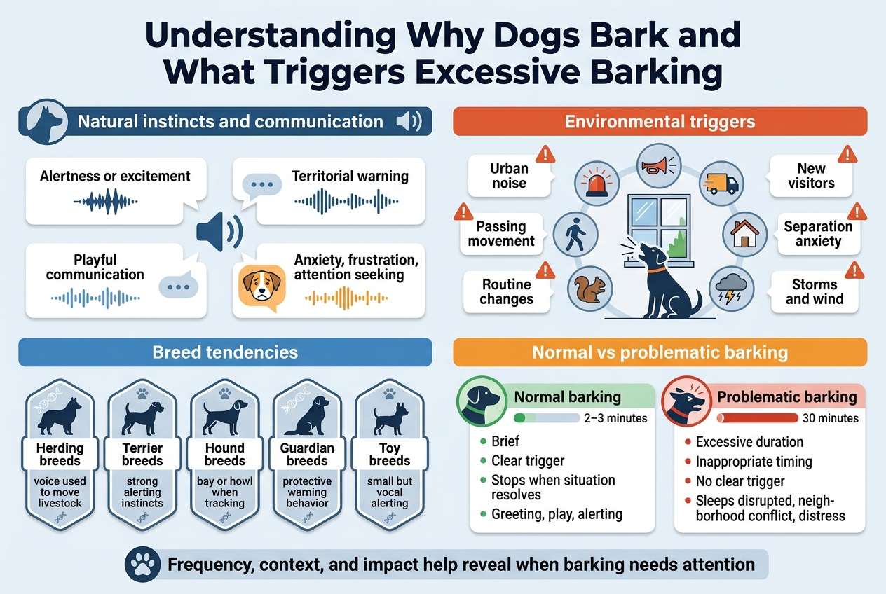 Create a full-bleed horizontal infographic illustration in a 3:2 aspect ratio with a clean professional style, white background with blue, orange, and gray accents, modern sans-serif fonts, bold clear hierarchy, and wide multi-column layout.

Top center: large bold title in dark navy text: "Understanding Why Dogs Bark and What Triggers Excessive Barking"

Below the title, organize the infographic into 4 wide horizontal sections with colored header bars and simple flat icons:

1) Left section: "Natural instincts and communication" with a dog silhouette icon and sound wave icon.
Include 4 small labeled callout blocks:
- "Alertness or excitement" with a sharp fast bark icon
- "Territorial warning" with a deep sustained bark icon
- "Playful communication" with a light rhythmic bark icon
- "Anxiety, frustration, attention seeking" with a worried dog face icon
Use short speech-bubble graphics and waveform symbols.

2) Upper right section: "Environmental triggers" with a window, siren, car horn, delivery truck, pedestrian, squirrel, thundercloud, and empty house icons.
Arrange as a cluster around a central barking dog by the window.
Include labeled mini-cards:
- "Urban noise"
- "Passing movement"
- "Routine changes"
- "New visitors"
- "Separation anxiety"
- "Storms and wind"
Use red-orange alert accents and small exclamation marks.

3) Lower left section: "Breed tendencies" with 5 breed icon badges arranged in a row:
- "Herding breeds"
- "Terrier breeds"
- "Hound breeds"
- "Guardian breeds"
- "Toy breeds"
Add small supporting labels inside each badge:
- "voice used to move livestock"
- "strong alerting instincts"
- "bay or howl when tracking"
- "protective warning behavior"
- "small but vocal alerting"
Use breed silhouettes, paw icons, and subtle genetic helix symbols.

4) Lower right section: "Normal vs problematic barking" split into two side-by-side comparison panels.
Left panel with green accent and a calm dog icon:
- "Normal barking"
- "Brief"
- "Clear trigger"
- "Stops when situation resolves"
- "Greeting, play, alerting"
Right panel with red accent and stressed dog icon:
- "Problematic barking"
- "Excessive duration"
- "Inappropriate timing"
- "No clear trigger"
- "Sleeps disrupted, neighborhood conflict, distress"
Include a simple timeline bar showing "2&ndash;3 minutes" versus "30 minutes" with a visual contrast.

Bottom center strip: a concise takeaway banner with a paw-print icon and bold text:
"Frequency, context, and impact help reveal when barking needs attention"

Use clean vector-style icons, balanced spacing, subtle shadows, strong legibility, and a polished educational infographic look. Avoid clutter, keep all text large and readable, and arrange sections in a wide layout across the canvas.