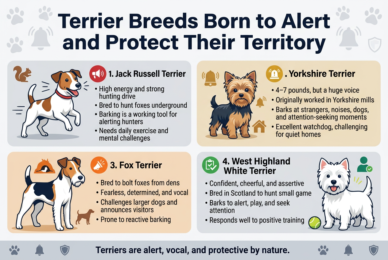 Create a full-bleed 3:2 infographic illustration with a clean professional layout, wide horizontal composition, no frame, no inset margins. Use a bold dark navy sans-serif title at the top: "Terrier Breeds Born to Alert and Protect Their Territory". Place a subtle paw-print and alert-bell motif behind the title in light gray.

Below the title, divide the infographic into four equal horizontal or two-column sections with colored cards, each with a dog illustration on one side and text on the other. Use a modern sans-serif font, strong hierarchy, and clear icon markers. Use navy, white, warm beige, light gray, and accent colors: red, orange, yellow, and green.

Section 1 on the upper left: a lively Jack Russell Terrier illustration with a squirrel icon and motion lines. Add the heading: "1. Jack Russell Terrier". Include bullet text:
"&bull; High energy and strong hunting drive"
"&bull; Bred to hunt foxes underground"
"&bull; Barking is a working tool for alerting hunters"
"&bull; Needs daily exercise and mental challenges"
Use a red loudspeaker icon beside the section title.

Section 2 on the upper right: a tiny Yorkshire Terrier illustration with a doorbell, small house, and alert ears. Add the heading: "2. Yorkshire Terrier". Include bullet text:
"&bull; 4&ndash;7 pounds, but a huge voice"
"&bull; Originally worked in Yorkshire mills"
"&bull; Barks at strangers, noises, dogs, and attention-seeking moments"
"&bull; Excellent watchdog, challenging for quiet homes"
Use a gold alert icon beside the section title.

Section 3 on the lower left: a bold Fox Terrier illustration with a fox-burrow icon and a small larger-dog silhouette nearby. Add the heading: "3. Fox Terrier". Include bullet text:
"&bull; Bred to bolt foxes from dens"
"&bull; Fearless, determined, and vocal"
"&bull; Challenges larger dogs and announces visitors"
"&bull; Prone to reactive barking"
Use an orange challenge icon beside the section title.

Section 4 on the lower right: a cheerful West Highland White Terrier illustration with a visitor icon, play ball, and bright white fur. Add the heading: "4. West Highland White Terrier". Include bullet text:
"&bull; Confident, cheerful, and assertive"
"&bull; Bred in Scotland to hunt small game"
"&bull; Barks to alert, play, and seek attention"
"&bull; Responds well to positive training"
Use a green training/check icon beside the section title.

Add a thin footer bar across the bottom with a short summary line in bold navy: "Terriers are alert, vocal, and protective by nature." Include small paw, bell, and shield icons spaced along the footer. Keep the overall style polished, infographic-like, easy to read, with balanced spacing and clear visual hierarchy.