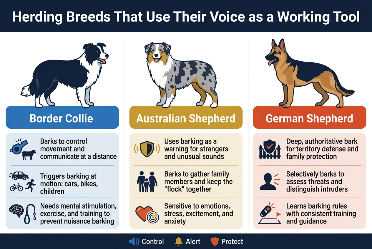 3:2 aspect ratio, full-bleed wide infographic illustration with a clean professional layout, bold modern sans-serif typography, dark navy and white background with accent colors for each breed: blue for Border Collie, gold for Australian Shepherd, red-orange for German Shepherd. Large bold heading across the top: "Herding Breeds That Use Their Voice as a Working Tool"

Below the heading, create three wide horizontal comparison sections arranged left to right in three columns, each with a dog illustration, a colored title bar, and 3 key bullet points with small icons.

LEFT COLUMN: Border Collie section with a black-and-white Border Collie illustration, blue title bar text: "Border Collie". Add three icon bullets:
1. a whistle and livestock icon with text: "Barks to control movement and communicate at a distance"
2. a moving car, bicycle, and running child icon with text: "Triggers barking at motion: cars, bikes, children"
3. a brain, leash, and attention icon with text: "Needs mental stimulation, exercise, and training to prevent nuisance barking"

CENTER COLUMN: Australian Shepherd section with a merle Australian Shepherd illustration, gold title bar text: "Australian Shepherd". Add three icon bullets:
1. a shield and alert sound lines icon with text: "Uses barking as a warning for strangers and unusual sounds"
2. a family group icon with text: "Barks to gather family members and keep the 'flock' together"
3. a heart and radar icon with text: "Sensitive to emotions, stress, excitement, and anxiety"

RIGHT COLUMN: German Shepherd section with a tan-and-black German Shepherd illustration, red-orange title bar text: "German Shepherd". Add three icon bullets:
1. a guard shield and fence icon with text: "Deep, authoritative bark for territory defense and family protection"
2. a visitor silhouette and warning lines icon with text: "Selectively barks to assess threats and distinguish intruders"
3. a training clicker and boundary line icon with text: "Learns barking rules with consistent training and guidance"

Use subtle dividing lines between columns, rounded rectangular content blocks, strong visual hierarchy, clear spacing, and crisp infographic icons. Add a small bottom strip with three labeled voice icons: "Control", "Alert", "Protect". No watermarks, no extra text, no clutter, no inset frame.