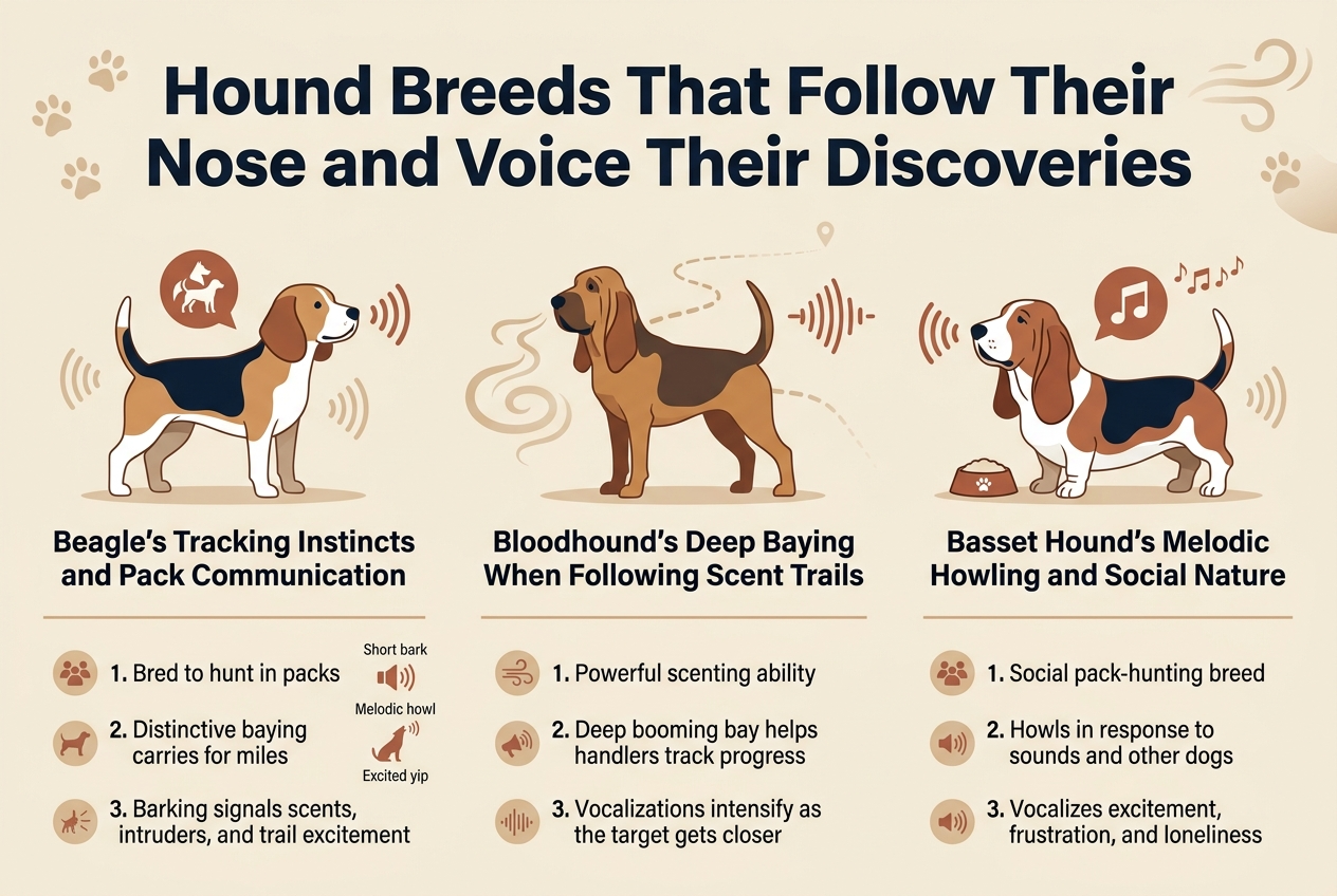 Create a clean, professional full-bleed infographic illustration in 3:2 aspect ratio with a modern flat design, warm earth-tone palette, dark navy text, cream background, muted tan and rust accents, and subtle scent-wave graphics. Place a bold large heading across the top center in a strong sans-serif font: "Hound Breeds That Follow Their Nose and Voice Their Discoveries".

Below the title, arrange three wide horizontal content sections in a balanced 3-column layout across the page, each with a breed illustration on the left side of its panel and text on the right side, using clear dividers and section headers.

Section 1 on the left: a Beagle illustration with a small pack-hunting icon and sound-wave marks. Add a bold subheading: "Beagle's Tracking Instincts and Pack Communication". Include three short numbered points with small circular icons:
"1. Bred to hunt in packs"
"2. Distinctive baying carries for miles"
"3. Barking signals scents, intruders, and trail excitement"
Add tiny visual symbols for short bark, melodic howl, and excited yip.

Section 2 in the center: a Bloodhound illustration with a long nose, scent trail swirl, and deep voice wave lines. Add a bold subheading: "Bloodhound's Deep Baying When Following Scent Trails". Include three short numbered points with small circular icons:
"1. Powerful scenting ability"
"2. Deep booming bay helps handlers track progress"
"3. Vocalizations intensify as the target gets closer"
Add a subtle map-like scent trail line fading into the distance.

Section 3 on the right: a Basset Hound illustration with droopy ears and a musical howl icon. Add a bold subheading: "Basset Hound's Melodic Howling and Social Nature". Include three short numbered points with small circular icons:
"1. Social pack-hunting breed"
"2. Howls in response to sounds and other dogs"
"3. Vocalizes excitement, frustration, and loneliness"
Add a small chorus of sound waves and a dinner bowl icon.

Use consistent typography with bold headings, smaller readable body text, and strong visual hierarchy. Keep the layout airy and wide, with no vertical poster frame, no centered stack, and no inset border. Add subtle background accents of paw prints, scent swirls, and sound waves across the full-bleed canvas.
