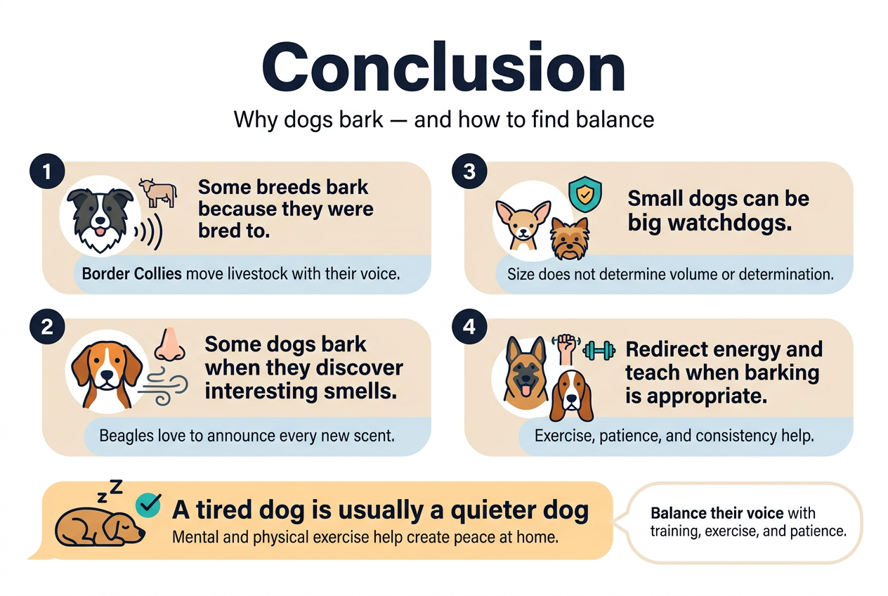Create a clean, professional full-bleed infographic illustration in a 3:2 aspect ratio with a warm, modern pet-care style. Use a wide horizontal layout with a bold top header and four evenly spaced content blocks across the center, plus a bottom takeaway strip. White background with soft beige and light blue accents, dark navy text, orange and teal highlights, rounded shapes, and simple flat vector icons.

Top center large bold heading in dark navy: "Conclusion"

Directly under the heading, add a short subtitle in smaller text: "Why dogs bark &mdash; and how to find balance"

Across the middle, place four wide horizontal numbered sections with icons and short text:
1. Left block: a border collie icon beside a small livestock icon and sound-wave marks. Text: "Some breeds bark because they were bred to." Smaller line: "Border Collies move livestock with their voice."
2. Left-center block: a beagle icon beside a scent trail swirl and a nose icon. Text: "Some dogs bark when they discover interesting smells." Smaller line: "Beagles love to announce every new scent."
3. Right-center block: a tiny Chihuahua and Yorkshire Terrier icon beside a small house/shield icon. Text: "Small dogs can be big watchdogs." Smaller line: "Size does not determine volume or determination."
4. Right block: a German Shepherd and Basset Hound icon beside training and exercise symbols. Text: "Redirect energy and teach when barking is appropriate." Smaller line: "Exercise, patience, and consistency help."

Along the bottom, add a wide highlighted banner with a sleeping dog icon and a checkmark:
Bold text: "A tired dog is usually a quieter dog"
Smaller text beneath: "Mental and physical exercise help create peace at home."

End with a final bottom-right takeaway line in a small rounded callout box: "Balance their voice with training, exercise, and patience."

Use clear sans-serif fonts, strong visual hierarchy, crisp line icons, and plenty of spacing. Keep the layout balanced and easy to scan, with no vertical poster frame, no narrow centered stack, and no extra text beyond what is shown above.
