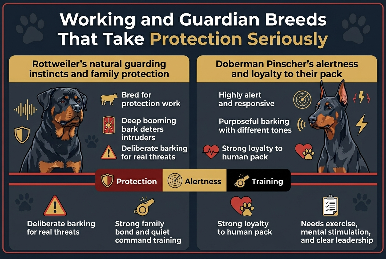 Create a full-bleed professional infographic in a 3:2 aspect ratio with a clean modern layout, dark navy and charcoal background with gold, red, and white accents, bold sans-serif fonts, clear visual hierarchy, and no outer frame.

Top center: large bold title in white and gold text, exact wording: "Working and Guardian Breeds That Take Protection Seriously"

Below the title, use two wide side-by-side content panels across the page, with illustrated dog portraits and icon-based bullet points.

LEFT PANEL:
Header at top in gold text: "Rottweiler's natural guarding instincts and family protection"
Show a powerful Rottweiler illustration on the left side of the panel with a deep bark sound-wave icon and a shield icon.
Under the image, include 4 numbered points with small icons:
1. "Bred for protection work"
2. "Deep booming bark deters intruders"
3. "Deliberate barking for real threats"
4. "Strong family bond and quiet command training"
Add small visual symbols: cattle icon, Roman shield icon, warning triangle, family heart shield icon, training whistle icon.

RIGHT PANEL:
Header at top in gold text: "Doberman Pinscher's alertness and loyalty to their pack"
Show a sleek Doberman Pinscher illustration on the right side of the panel with alert ears, a radar pulse icon, and a lightning bolt icon.
Under the image, include 4 numbered points with small icons:
1. "Highly alert and responsive"
2. "Purposeful barking with different tones"
3. "Strong loyalty to human pack"
4. "Needs exercise, mental stimulation, and clear leadership"
Add small visual symbols: radar icon, speech wave icon, heart pack icon, dumbbell icon, obedience clipboard icon.

CENTER OR LOWER BAND ACROSS BOTH PANELS:
Add a horizontal comparison strip with three compact labeled blocks:
"Protection" with shield icon
"Alertness" with radar icon
"Training" with whistle icon

Use crisp white body text, gold section headers, red accent lines, subtle paw-print and shield motifs in the background, balanced spacing, and a polished infographic style. Avoid clutter, keep text large and readable, and arrange all content in wide horizontal sections rather than a vertical stack.