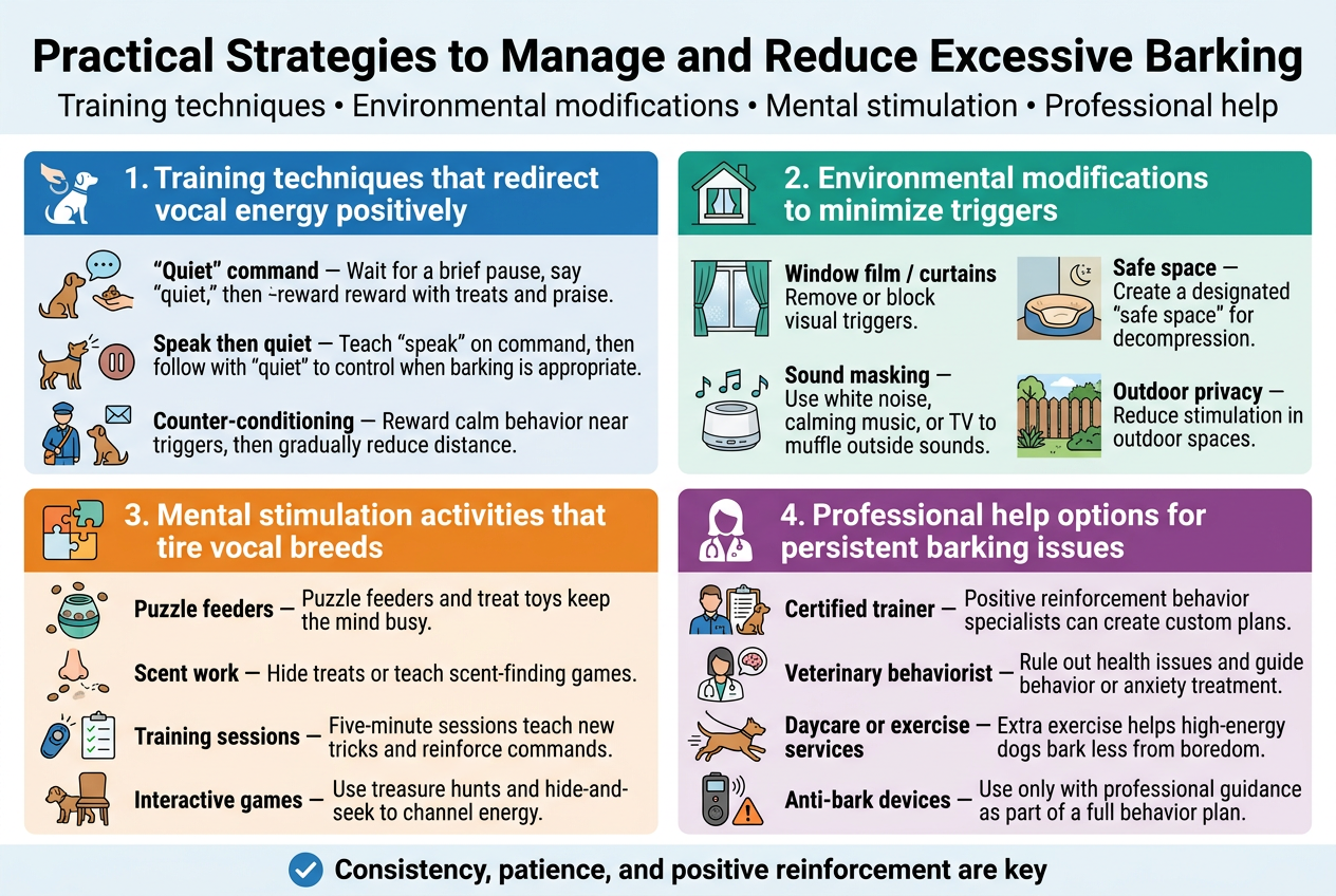 Create a full-bleed 3:2 landscape infographic illustration with a clean modern professional style, white background with blue, teal, orange, and soft gray accents, bold sans-serif fonts, clear visual hierarchy, and no inset poster frame. 

Top header across the full width:
Title in large bold text: "Practical Strategies to Manage and Reduce Excessive Barking"
Small subtitle beneath in lighter text: "Training techniques &bull; Environmental modifications &bull; Mental stimulation &bull; Professional help"

Below the header, organize the content into four wide horizontal sections arranged in a 2x2 grid with colorful section headers and matching icons.

Section 1 on the upper left with a blue header bar and a dog training icon:
Heading: "1. Training techniques that redirect vocal energy positively"
Include three bullet blocks with small icons:
- "Quiet" command &mdash; icon of a dog with a speech bubble and a hand holding a treat
  Text: "Wait for a brief pause, say 'quiet,' then reward with treats and praise."
- "Speak then quiet &mdash; icon of a dog barking, then a pause symbol
  Text: "Teach 'speak' on command, then follow with 'quiet' to control when barking is appropriate."
- Counter-conditioning &mdash; icon of a mail carrier and a dog calmly looking at owner
  Text: "Reward calm behavior near triggers, then gradually reduce distance."

Section 2 on the upper right with a green header bar and a home/window icon:
Heading: "2. Environmental modifications to minimize triggers"
Include four compact bullets with icons:
- Window film / curtains &mdash; icon of a window with frosted film and closed curtains
  Text: "Remove or block visual triggers."
- Safe space &mdash; icon of a cozy dog bed in a quiet corner
  Text: "Create a designated 'safe space' for decompression."
- Sound masking &mdash; icon of a white noise machine and music notes
  Text: "Use white noise, calming music, or TV to muffle outside sounds."
- Outdoor privacy &mdash; icon of a yard fence with privacy panels and landscaping
  Text: "Reduce stimulation in outdoor spaces."

Section 3 on the lower left with an orange header bar and a puzzle/toy icon:
Heading: "3. Mental stimulation activities that tire vocal breeds"
Include four bullets with playful icons:
- Puzzle feeders &mdash; icon of a treat-dispensing toy
  Text: "Puzzle feeders and treat toys keep the mind busy."
- Scent work &mdash; icon of a nose and hidden treats trail
  Text: "Hide treats or teach scent-finding games."
- Training sessions &mdash; icon of a clicker, paw, and checklist
  Text: "Five-minute sessions teach new tricks and reinforce commands."
- Interactive games &mdash; icon of hide-and-seek with a dog behind a chair
  Text: "Use treasure hunts and hide-and-seek to channel energy."

Section 4 on the lower right with a purple header bar and a professional help icon:
Heading: "4. Professional help options for persistent barking issues"
Include four bullets with icons:
- Certified trainer &mdash; icon of a trainer with a clipboard and dog
  Text: "Positive reinforcement behavior specialists can create custom plans."
- Veterinary behaviorist &mdash; icon of a vet with stethoscope and brain symbol
  Text: "Rule out health issues and guide behavior or anxiety treatment."
- Daycare or exercise services &mdash; icon of a running dog and leash
  Text: "Extra exercise helps high-energy dogs bark less from boredom."
- Anti-bark devices &mdash; icon of a training device with a caution symbol
  Text: "Use only with professional guidance as part of a full behavior plan."

Add a slim bottom callout bar spanning the full width with a checkmark icon and bold text:
"Consistency, patience, and positive reinforcement are key"

Use strong visual spacing, simple flat illustrations, subtle shadows, and crisp readable text. Place icons to the left of each bullet line, with short text blocks aligned neatly. Keep all content fully visible and balanced across the landscape layout.