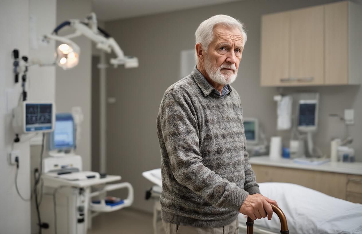 Create a realistic image of an elderly white male in his 70s standing in a modern medical examination room, showing visible physical changes associated with aging including slightly hunched posture, using a walking cane for balance support, with a concerned expression on his face, while a healthcare professional's hands are visible checking his balance and stability, medical charts and balance assessment equipment in the background, soft clinical lighting creating a professional healthcare atmosphere, absolutely NO text should be in the scene.