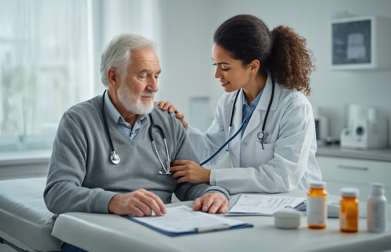 Create a realistic image of an elderly white male sitting on a medical examination table while a middle-aged female doctor of mixed race examines him with a stethoscope, medical charts and prescription bottles visible on a nearby counter, soft clinical lighting in a clean modern doctor's office setting with medical equipment in the background, conveying a professional healthcare consultation atmosphere, absolutely NO text should be in the scene.