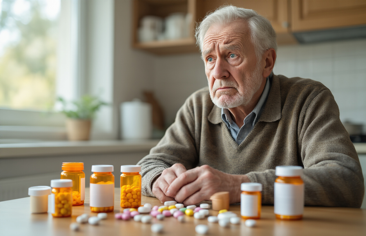 Create a realistic image of an elderly white male in his 70s sitting at a kitchen table looking confused while examining multiple prescription pill bottles of different sizes and colors scattered on the table surface, with some pills spilled out, depicting the overwhelming nature of managing multiple medications that can affect balance and stability, warm natural lighting from a nearby window, concerned expression on his face, kitchen background with soft focus, absolutely NO text should be in the scene.