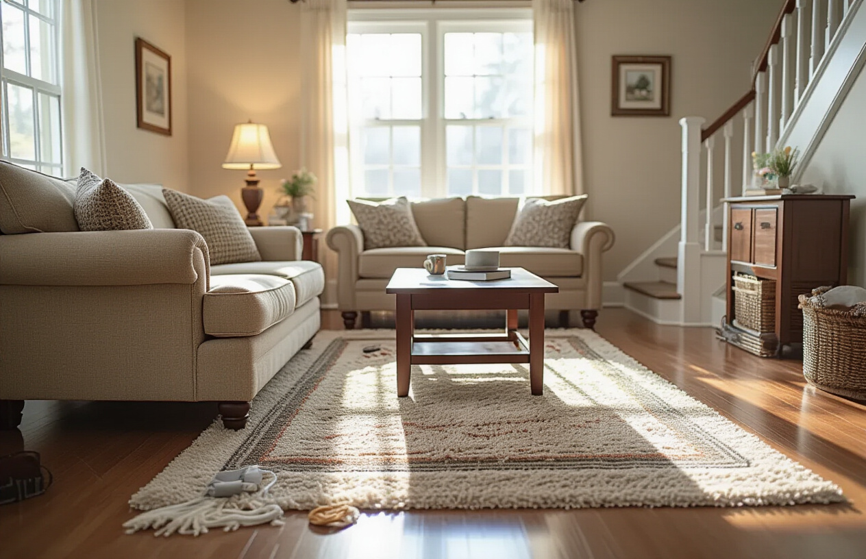 Create a realistic image of a senior living room interior showing multiple environmental hazards that could cause falls for elderly people, including a throw rug with curled edges on hardwood flooring, poor lighting with dim lamps creating shadows, electrical cords stretched across walkways, cluttered furniture placement with a coffee table positioned in a narrow pathway, uneven flooring transitions, and a staircase with inadequate handrails visible in the background, captured in natural daylight streaming through windows but creating uneven lighting throughout the space, absolutely NO text should be in the scene.