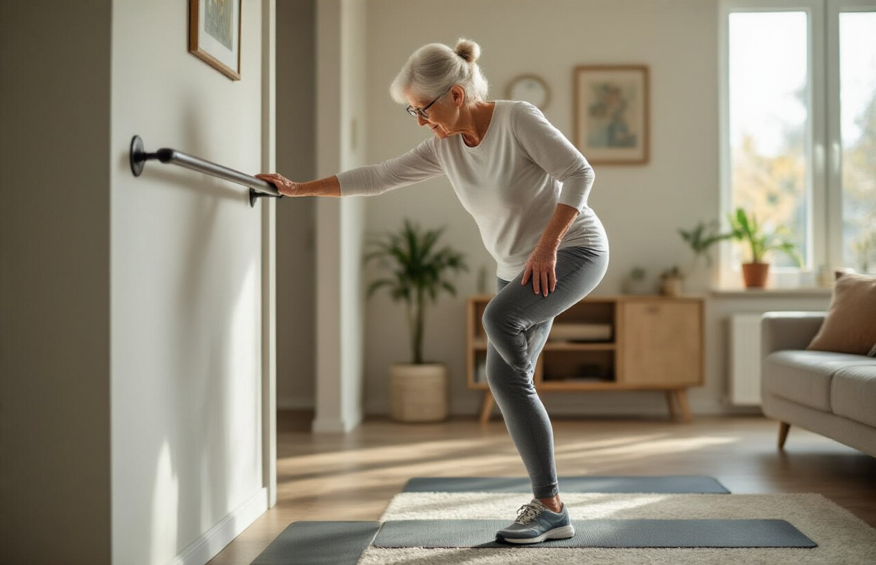 Create a realistic image of an elderly white female in her 70s performing balance exercises in a well-lit modern home interior, standing on one foot while holding onto a sturdy grab bar mounted on the wall, wearing comfortable athletic shoes and casual clothing, with safety equipment visible including a walking cane leaning against the wall, non-slip mats on the floor, and good lighting from large windows, the scene conveying safety and proactive health management with a warm and encouraging atmosphere, absolutely NO text should be in the scene.