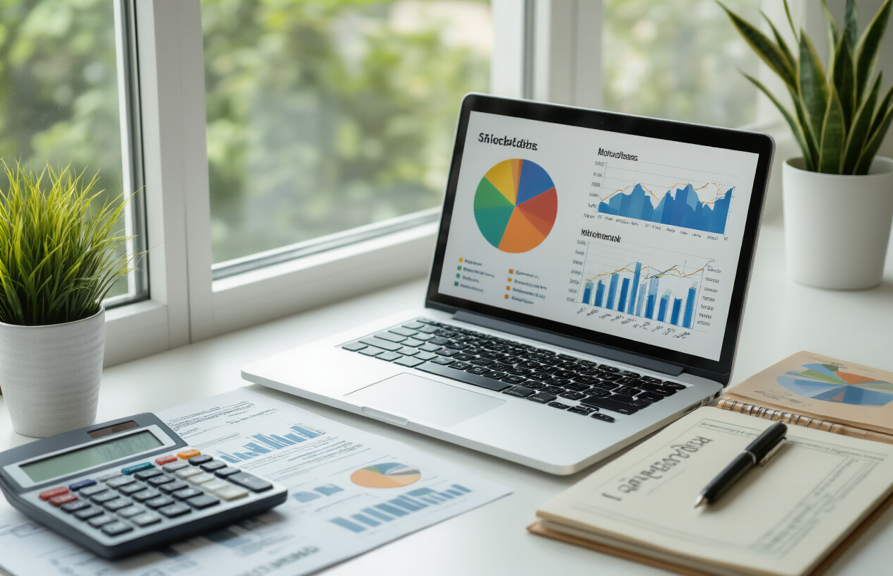 Create a realistic image of a clean, modern desk setup showing the fundamental concept of stocks versus mutual funds, featuring a laptop computer displaying colorful pie charts and bar graphs on the screen, surrounded by financial documents, calculator, and a notebook with pen, alongside visual representations including a single company stock certificate and a diversified portfolio folder containing multiple smaller investment papers, all arranged on a white wooden desk with soft natural lighting from a window, creating a professional yet approachable learning environment for beginner investors, absolutely NO text should be in the scene.