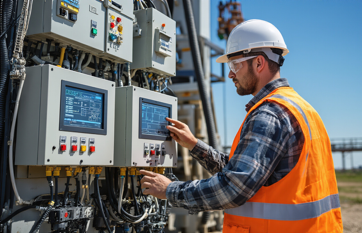 Create a realistic image of a modern drilling rig with visible power management systems including electrical control panels with LED indicators, power cables, and monitoring equipment, featuring a white male engineer in a hard hat and safety vest examining digital displays showing power consumption data, set against an industrial oil field background with clear blue sky, bright daylight illuminating the metal structures and creating a professional technical atmosphere focused on efficiency and optimization, absolutely NO text should be in the scene.