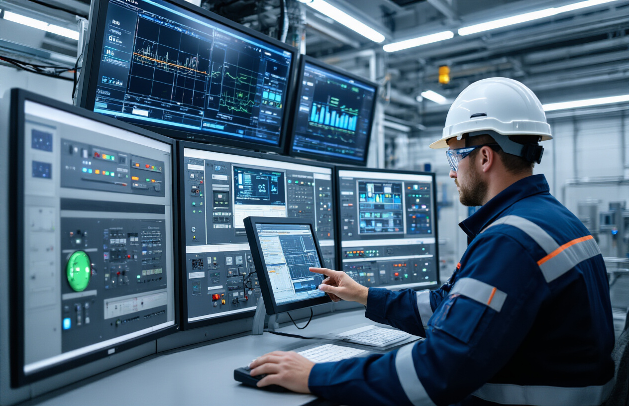Create a realistic image of a modern drilling rig control room featuring advanced digital monitoring systems with multiple large LED screens displaying real-time power consumption data, smart sensors, and automated control panels, where a white male engineer in safety gear and hard hat is operating a touchscreen interface while monitoring power management systems, with sleek metallic surfaces, blue LED indicator lights, and industrial cable management systems visible in the background, under bright fluorescent lighting that creates a high-tech industrial atmosphere, absolutely NO text should be in the scene.