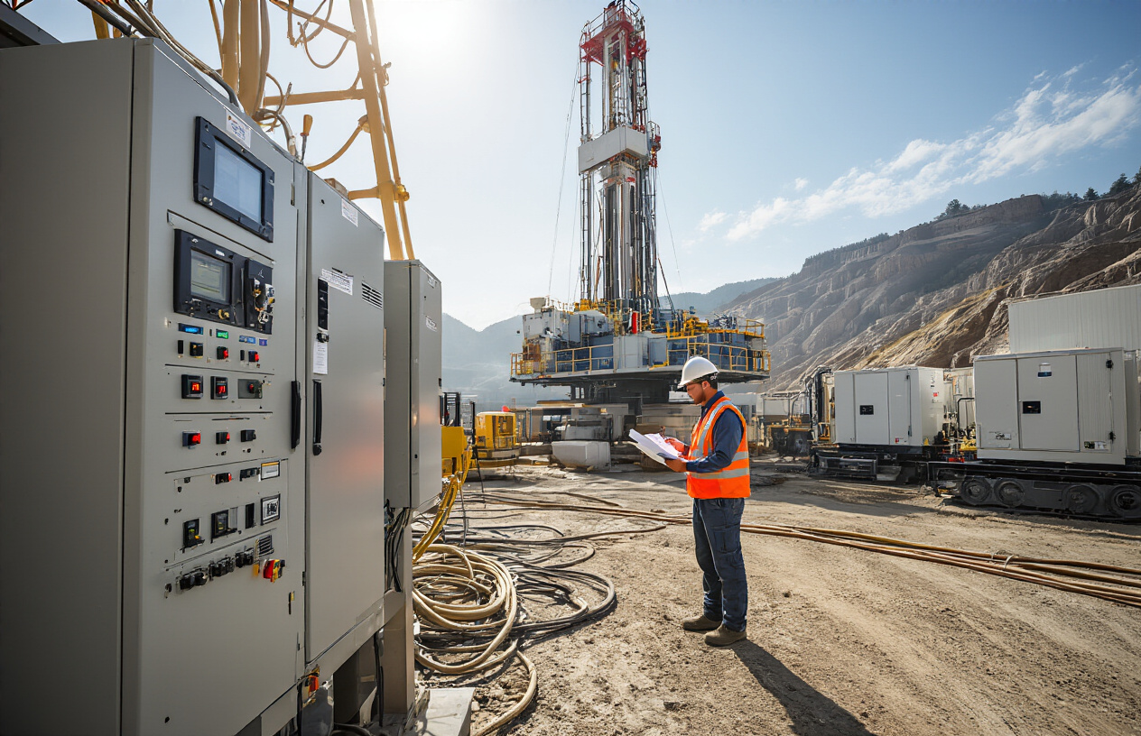 Create a realistic image of a modern drilling rig operation with a focus on power management systems, featuring electrical control panels with LED indicators and monitoring displays in the foreground, a large drilling rig structure in the background under clear daylight, power cables and generators strategically positioned around the site, a white male engineer in a hard hat and safety vest reviewing technical documents next to the control systems, and clean industrial equipment suggesting efficient operations, with bright natural lighting emphasizing the organized and cost-effective setup, absolutely NO text should be in the scene.
