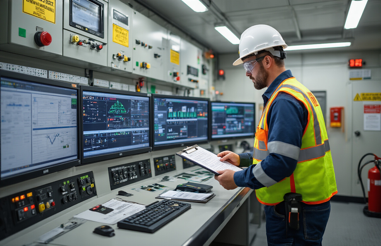 Create a realistic image of a drilling rig operations control room with safety monitoring equipment displaying power management systems on multiple screens, a white male safety engineer wearing a hard hat and high-visibility vest reviewing compliance documentation on a clipboard, warning signs and safety protocols posted on walls, emergency shutdown buttons prominently visible, industrial electrical panels with safety locks and warning labels, bright fluorescent lighting creating a professional work environment, and safety equipment like fire extinguishers and first aid kits strategically placed throughout the scene, absolutely NO text should be in the scene.