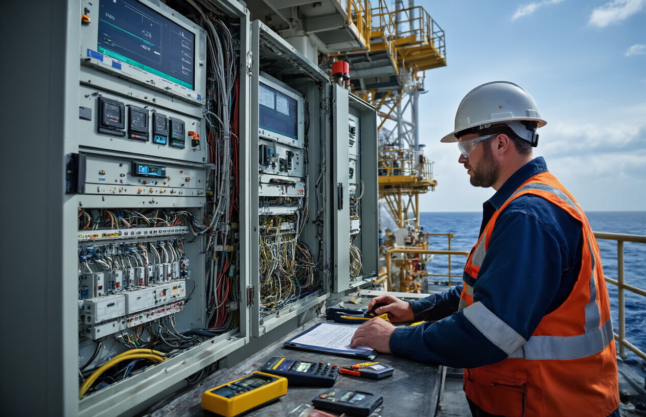 Create a realistic image of a white male engineer in safety gear examining electrical control panels and diagnostic equipment on an offshore drilling rig, with multiple digital displays showing warning indicators and system diagnostics, industrial electrical cabinets with open doors revealing complex wiring and circuit boards, troubleshooting tools and multimeters scattered on a metal workbench, harsh industrial lighting casting dramatic shadows, oil rig structure and ocean visible in the background, conveying a technical problem-solving atmosphere, absolutely NO text should be in the scene.