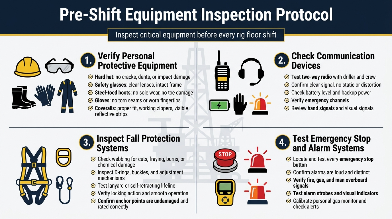Create a clean professional safety infographic in a full-bleed 16:9 horizontal layout with a dark navy and safety yellow color palette, white background panels, red emergency accents, and modern bold sans-serif fonts. Add a large bold title at the top center: "Pre-Shift Equipment Inspection Protocol". Under the title, place a short subtitle bar in smaller text: "Inspect critical equipment before every rig floor shift". Use four wide horizontal sections across the page in a two-by-two grid, each with a numbered circle, a clear icon, a bold section heading, and concise checklist-style text.
Section 1 on the upper left: a hard hat, safety glasses, boots, gloves, and coveralls icon cluster. Heading: "1. Verify Personal Protective Equipment". Include small bullet text:
"• Hard hat: no cracks, dents, or impact damage"
"• Safety glasses: clear lenses, intact frame"
"• Steel-toed boots: no sole wear, no toe damage"
"• Gloves: no torn seams or worn fingertips"
"• Coveralls: proper fit, working zippers, visible reflective strips"
Section 2 on the upper right: a two-way radio, headset, battery, hand signal, and signal light icons. Heading: "2. Check Communication Devices". Include bullet text:
"• Test two-way radio with driller and crew"
"• Confirm clear signal, no static or distortion"
"• Check battery level and backup power"
"• Verify emergency channels"
"• Review hand signals and visual signals"
Section 3 on the lower left: a full-body safety harness, D-ring, lanyard, and anchor point icons. Heading: "3. Inspect Fall Protection Systems". Include bullet text:
"• Check webbing for cuts, fraying, burns, or chemical damage"
"• Inspect D-rings, buckles, and adjustment mechanisms"
"• Test lanyard or self-retracting lifeline"
"• Verify locking action and smooth operation"
"• Confirm anchor points are undamaged and rated correctly"
Section 4 on the lower right: a red emergency stop button, alarm siren, gas monitor, and flashing strobe icons. Heading: "4. Test Emergency Stop and Alarm Systems". Include bullet text:
"• Locate and test every emergency stop button"
"• Confirm alarms are loud and distinct"
"• Verify fire, gas, and man overboard signals"
"• Test alarm strobes and visual indicators"
"• Calibrate personal gas monitor and check alerts"
Add thin dividing lines between sections, small checkmark markers beside each bullet, and subtle industrial background graphics of rig floor machinery in light gray. Keep all text crisp, legible, and evenly aligned. Use strong visual hierarchy with the title largest, section headings medium-bold, and bullet text smaller. No people, no clutter, no borders, no watermarks.