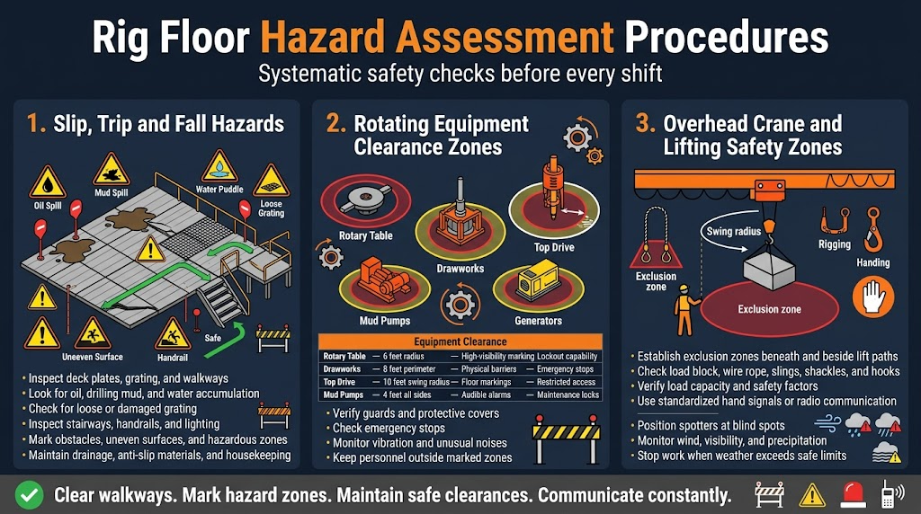 Create a clean professional safety infographic in 16:9 landscape, full-bleed layout with no frame, using a dark navy background with orange, yellow, white, and safety red accents. Use bold sans-serif typography with a clear visual hierarchy. Place a large heading across the top center in white and orange text: "Rig Floor Hazard Assessment Procedures". Under the heading, add a smaller subtitle in white: "Systematic safety checks before every shift".
Arrange the content in three wide horizontal sections across the page, each in its own large panel with icons and numbered points, using a modern industrial style. Include simple line icons with high-visibility colors.
LEFT SECTION: "1. Slip, Trip and Fall Hazards"
Show a rig floor walking surface illustration with deck plates, grating, and walkways. Add warning icons for oil spill, mud spill, water puddle, loose grating, uneven surface, damaged stairs, and handrail. Include short bullet text in white:
• "Inspect deck plates, grating, and walkways"
• "Look for oil, drilling mud, and water accumulation"
• "Check for loose or damaged grating"
• "Inspect stairways, handrails, and lighting"
• "Mark obstacles, uneven surfaces, and hazardous zones"
• "Maintain drainage, anti-slip materials, and housekeeping"
Use yellow caution triangles and red hazard markers near spill areas, with a green safe walkway path line and barrier signs.
CENTER SECTION: "2. Rotating Equipment Clearance Zones"
Show top-down or isometric icons of rotary table, drawworks, top drive, mud pumps, and generators with circular clearance rings around each machine. Use red danger zones, yellow warning zones, and white clearance labels. Include a small table-style block with clear rows and columns titled "Equipment Clearance" and these exact entries:
"Rotary Table — 6 feet radius — High-visibility marking — Lockout capability"
"Drawworks — 8 feet perimeter — Physical barriers — Emergency stops"
"Top Drive — 10 feet swing radius — Floor markings — Restricted access"
"Mud Pumps — 4 feet all sides — Audible alarms — Maintenance locks"
Add bullet text beneath:
• "Verify guards and protective covers"
• "Check emergency stops"
• "Monitor vibration and unusual noises"
• "Keep personnel outside marked zones"
Use rotating gear icons and barrier tape visuals.
RIGHT SECTION: "3. Overhead Crane and Lifting Safety Zones"
Show an overhead crane lifting a load with a visible swing radius, exclusion zone beneath the load, spotter figure, rigging hardware, and hand signal icon. Use orange crane elements, red exclusion zones, and white labels. Include bullet text:
• "Establish exclusion zones beneath and beside lift paths"
• "Check load block, wire rope, slings, shackles, and hooks"
• "Verify load capacity and safety factors"
• "Use standardized hand signals or radio communication"
• "Position spotters at blind spots"
• "Monitor wind, visibility, and precipitation"
• "Stop work when weather exceeds safe limits"
Add weather icons for wind, rain, and fog with alert symbols.
Across the bottom, add a full-width safety footer bar in dark gray with a green check icon and the text: "Clear walkways. Mark hazard zones. Maintain safe clearances. Communicate constantly." Use small white pictograms for barriers, warning signs, emergency stop, and radio communication. Keep the layout balanced, wide, and easy to scan, with strong contrast and crisp industrial infographic styling.