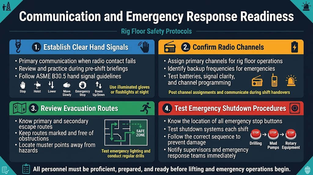 Create a full-bleed 16:9 landscape safety infographic with a clean professional industrial design, dark navy background with teal, yellow, orange, and white accents, bold sans-serif typography, strong visual hierarchy, and crisp flat vector icons. Place a large bold title across the top center in white: "Communication and Emergency Response Readiness". Under the title, add a thin horizontal divider line and a small subtitle in teal: "Rig Floor Safety Protocols".
Use a wide 4-panel horizontal layout across the middle and lower area, each panel with a colored header bar, a numbered circle, an icon, and short bullet text. Avoid a narrow vertical stack. Use high-contrast white text on dark panels with accent colors for headings.
Panel 1 on the upper-left: blue header with a crane hook and hand signal icon. Header text: "1. Establish Clear Hand Signals". Include three bullet points:
"• Primary communication when radio contact fails"
"• Review and practice during pre-shift briefings"
"• Follow ASME B30.5 hand signal guidelines"
Add a small row of simple gesture icons labeled:
"Stop", "Hoist", "Lower", "Move Slowly", "Emergency Stop", "Boom Up/Down"
Include a small note in yellow: "Use illuminated gloves or flashlights at night"
Panel 2 on the upper-right: orange header with a radio and backup battery icon. Header text: "2. Confirm Radio Channels". Include three bullet points:
"• Assign primary channels for rig floor operations"
"• Identify backup frequencies for emergencies"
"• Test batteries, signal clarity, and channel programming"
Add small icons for a radio, satellite phone, and emergency beacon. Include a small note in yellow: "Post channel assignments and communicate during shift handovers"
Panel 3 on the lower-left: green header with an evacuation route map and running person icon. Header text: "3. Review Evacuation Routes". Include three bullet points:
"• Know primary and secondary escape routes"
"• Keep routes marked and free of obstructions"
"• Locate muster points away from hazards"
Add a simple map-style diagram with arrows leading to a labeled safe zone. Include a small note in yellow: "Test emergency lighting and conduct regular drills"
Panel 4 on the lower-right: red header with an emergency stop button and shutdown panel icon. Header text: "4. Test Emergency Shutdown Procedures". Include four bullet points:
"• Know the location of all emergency stop buttons"
"• Test shutdown systems each shift"
"• Follow the correct sequence to prevent damage"
"• Notify supervisors and emergency response teams immediately"
Show a simple sequence graphic of three red stop buttons labeled "Drilling", "Mud Pumps", and "Rotary Equipment"
Add a slim footer bar across the bottom with a checklist icon and bold white text: "All personnel must be proficient, prepared, and ready before lifting and emergency operations begin." Include small safety icons subtly in the corners. Keep the layout balanced, modern, and readable with clear spacing, crisp lines, and no extra text.