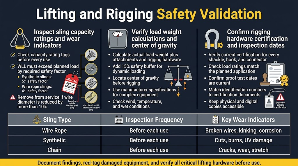 Create a clean professional industrial safety infographic in a full-bleed 16:9 landscape layout with a dark navy background, white and light gray text, safety yellow highlights, and red warning accents. Use bold modern sans-serif typography. Place a large title at the top center in white and yellow: "Lifting and Rigging Safety Validation". Organize the content into three wide horizontal sections across the page, each with a distinct icon and clear subheading.
Top section, left-to-right layout with three panels:
1) Left panel with a sling icon and inspection checklist:
Subheading: "Inspect sling capacity ratings and wear indicators"
Include short bullet points with small checkmark and warning icons:
- "Check capacity rating tags before every use"
- "WLL must exceed planned load by required safety factor"
- "Synthetic slings: 5:1 safety factor"
- "Wire rope slings: 4:1 safety factor"
- "Remove from service if wire diameter is reduced by more than 10%"
Show visual callouts with small close-up illustrations of:
- frayed wire strands
- cuts in synthetic sling material
- distorted hardware
- faded or brittle UV-damaged sling
- discolored or stiff chemical-damaged sling
Add a red tag graphic labeled "RED-TAG OUT OF SERVICE"
2) Center panel with a weight scale and center-of-gravity diagram:
Subheading: "Verify load weight calculations and center of gravity"
Include bullets:
- "Calculate actual load weight plus attachments and rigging hardware"
- "Add 15% safety buffer for dynamic loading"
- "Locate center of gravity before rigging"
- "Use manufacturer specifications for complex equipment"
- "Check wind, temperature, and wet conditions"
Show a balanced load diagram with an off-center weight point and arrows indicating stress distribution.
3) Right panel with a shackle/hook certification graphic:
Subheading: "Confirm rigging hardware certification and inspection dates"
Include bullets:
- "Verify current certification for every shackle, hook, and connector"
- "Check load ratings match the planned application"
- "Confirm proof test dates are current"
- "Match identification numbers to certification documents"
- "Keep physical and digital copies accessible"
Show a clipboard, certificate stamp, ID tag, and a red warning symbol for expired or missing certification.
Bottom section as a wide table-style strip spanning the full width, with clean grid lines and small inspection icons:
Left column header: "Sling Type"
Middle header: "Inspection Frequency"
Right header: "Key Wear Indicators"
Rows:
- "Wire Rope" | "Before each use" | "Broken wires, kinking, corrosion"
- "Synthetic" | "Before each use" | "Cuts, burns, UV damage"
- "Chain" | "Before each use" | "Cracks, wear, stretch"
Add a small footer bar along the bottom in safety yellow with black text: "Document findings, red-tag damaged equipment, and verify all critical lifting hardware before use."
Use simple vector illustration style, crisp outlines, high contrast, professional offshore/industrial rigging theme, no people, no photo realism, no extra text beyond the specified wording.
