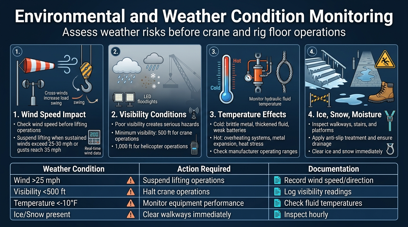 Create a wide 16:9 full-bleed professional infographic on a dark navy and steel-blue industrial background with subtle grid lines, light metallic accents, and high-contrast white text. Use clean sans-serif fonts with bold headings in white and section headers in cyan or orange. Place a large bold title across the top: "Environmental and Weather Condition Monitoring". Under the title, add a smaller subtitle: "Assess weather risks before crane and rig floor operations".
Use a four-panel horizontal layout across the middle, each panel with a numbered circle icon and a clear illustration:
1. Left panel: a wind sock, an anemometer, and a crane hook swinging slightly. Heading: "1. Wind Speed Impact". Body text: "Check wind speed before lifting operations" and "Suspend lifting when sustained winds exceed 25-30 mph or gusts reach 35 mph". Add small warning text: "Cross-winds increase load swing". Include a small digital readout icon labeled "Real-time wind data".
2. Second panel: a fog cloud, rain, snow, dust particles, and a crane silhouette fading in low visibility. Heading: "2. Visibility Conditions". Body text: "Poor visibility creates serious hazards" and "Minimum visibility: 500 ft for crane operations" and "1,000 ft for helicopter operations". Add icons for LED floodlights and radio communication.
3. Third panel: a thermometer split into cold and hot sides, a hydraulic system, and a metal cable. Heading: "3. Temperature Effects". Body text: "Cold: brittle metal, thickened fluid, weak batteries" and "Hot: overheating systems, metal expansion, heat stress" and "Check manufacturer operating ranges". Add a small label: "Monitor hydraulic fluid temperature".
4. Fourth panel: icy stairs, wet walkway, puddles, and a worker boot with slip hazard symbol. Heading: "4. Ice, Snow, Moisture". Body text: "Inspect walkways, stairs, and platforms" and "Apply anti-slip treatment and ensure drainage" and "Clear ice and snow immediately". Add a barrier tape icon and a harness anchor point icon.
Across the bottom, add a wide summary table with four rows and three columns, using thin white lines and alternating dark blue rows. Table header text: "Weather Condition | Action Required | Documentation". Include these exact rows:
"Wind >25 mph | Suspend lifting operations | Record wind speed/direction"
"Visibility <500 ft | Halt crane operations | Log visibility readings"
"Temperature <-10°F | Monitor equipment performance | Check fluid temperatures"
"Ice/Snow present | Clear walkways immediately | Inspect hourly"
Add small caution symbols near each row in the table. Use subtle orange warning triangles and cyan documentation icons. Keep the layout balanced, readable, and spacious, with no vertical poster framing, no inset border, and no decorative clutter outside the infographic elements.
