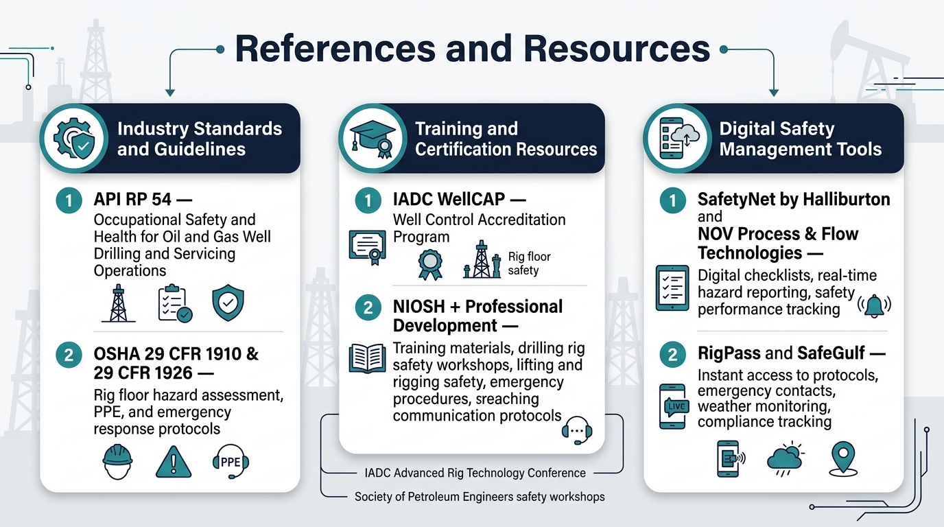 Create a clean professional 16:9 full-bleed infographic illustration with a dark navy, teal, white, and light gray color palette, modern sans-serif fonts, and clear visual hierarchy. Place a bold top heading across the upper center: "References and Resources". Use a wide horizontal layout with three evenly spaced main sections across the page, each in a rounded rectangular block with subtle shadows and matching icons.
Left section, titled "Industry Standards and Guidelines", with a gear-and-shield icon and two numbered subpoints:
1. "API RP 54" — "Occupational Safety and Health for Oil and Gas Well Drilling and Servicing Operations"
Include a drilling rig, checklist, and safety shield icon.
2. "OSHA 29 CFR 1910 & 29 CFR 1926" — "Rig floor hazard assessment, PPE, and emergency response protocols"
Include a hard hat, warning triangle, and PPE icon.
Center section, titled "Training and Certification Resources", with a graduation cap and certificate icon and two numbered subpoints:
1. "IADC WellCAP" — "Well Control Accreditation Program"
Include a certificate ribbon icon and rig floor safety icon.
2. "NIOSH + Professional Development" — "Training materials, drilling rig safety workshops, lifting and rigging safety, emergency procedures, communication protocols"
Include a book icon, workshop icon, and communication headset icon.
Add small labels beneath as a clean list: "IADC Advanced Rig Technology Conference" and "Society of Petroleum Engineers safety workshops".
Right section, titled "Digital Safety Management Tools", with a smartphone and cloud dashboard icon and two numbered subpoints:
1. "SafetyNet by Halliburton" and "NOV Process & Flow Technologies" — "Digital checklists, real-time hazard reporting, safety performance tracking"
Include a tablet checklist icon and live alert icon.
2. "RigPass" and "SafeGulf" — "Instant access to protocols, emergency contacts, weather monitoring, compliance tracking"
Include a mobile app icon, weather cloud icon, and location pin icon.
Use small connecting lines or arrows from the title to each section. Add subtle oil rig silhouettes and industrial line-art accents in the background. Keep all text large, crisp, and legible, with bold section headers, medium-weight subheadings, and smaller body text. Avoid clutter, keep ample spacing, and use a balanced horizontal infographic composition.