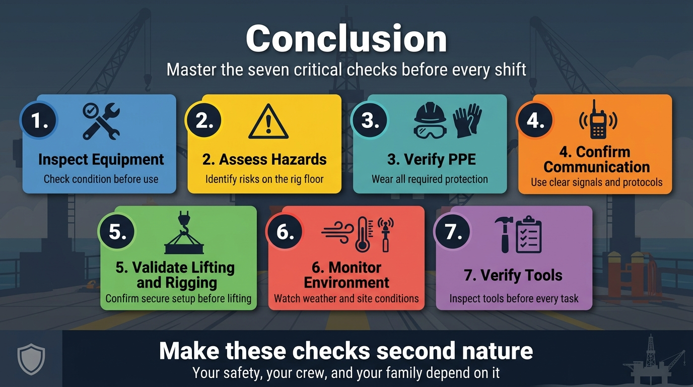 Create a full-bleed 16:9 infographic illustration in a clean industrial safety style, using dark navy, steel gray, safety yellow, white, and orange accents, with bold sans-serif typography and high-contrast layout.
Top center: large bold title text in white, "Conclusion". Directly beneath it, smaller subtitle text: "Master the seven critical checks before every shift".
Main layout: a wide 7-point safety checklist arranged in two horizontal rows of colored rectangular cards across the center of the image, with strong visual spacing and clear numbering. Each card should include a large numbered circle, a simple flat icon, a short bold heading, and one brief supporting line of text.
Card 1: blue card with a wrench and inspection icon, text: "1. Inspect Equipment" and smaller line "Check condition before use".
Card 2: yellow card with a hazard triangle icon, text: "2. Assess Hazards" and smaller line "Identify risks on the rig floor".
Card 3: teal card with a PPE helmet, gloves, and goggles icon, text: "3. Verify PPE" and smaller line "Wear all required protection".
Card 4: orange card with a communication headset or radio icon, text: "4. Confirm Communication" and smaller line "Use clear signals and protocols".
Card 5: green card with a crane hook, sling, and load icon, text: "5. Validate Lifting and Rigging" and smaller line "Confirm secure setup before lifting".
Card 6: red card with a wind, temperature, and gas sensor icon, text: "6. Monitor Environment" and smaller line "Watch weather and site conditions".
Card 7: purple card with a hand tool and checklist icon, text: "7. Verify Tools" and smaller line "Inspect tools before every task".
Bottom section: a wide dark footer banner spanning the full width with a safety message in large white text: "Make these checks second nature". Beneath it in smaller text: "Your safety, your crew, and your family depend on it". Add a small shield icon at the left of the footer and a subtle silhouette of a rig floor in the background.
Use a professional offshore rig floor background with subtle industrial textures, soft lighting, and faint silhouettes of cranes and rig equipment. Keep the composition wide, balanced, and easy to read, with no vertical poster framing, no inset margins, and no clutter.