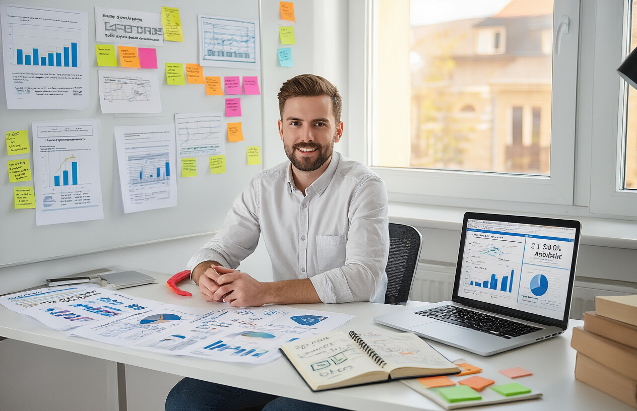 Create a realistic image of a professional workspace scene featuring a white male digital marketer sitting at a modern desk, surrounded by SEO planning materials including printed keyword research charts, competitor analysis documents, and content strategy notes spread across the desk, with a laptop displaying SEO analytics dashboards, a notebook with handwritten SEO goals, colorful sticky notes on a wall-mounted whiteboard showing content planning flowcharts, warm natural lighting from a nearby window creating a focused productive atmosphere, absolutely NO text should be in the scene.