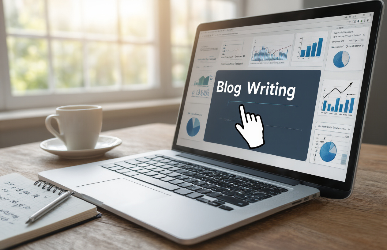 Create a realistic image of a close-up view of a computer screen displaying a blog writing interface with a cursor positioned in the headline field, surrounded by SEO analytics charts and graphs showing upward trending arrows and ranking metrics, with a clean modern workspace background featuring a laptop, notepad with headline ideas sketched out, and a coffee cup, all under soft natural lighting from a nearby window, conveying a professional and focused atmosphere of digital marketing success, absolutely NO text should be in the scene.