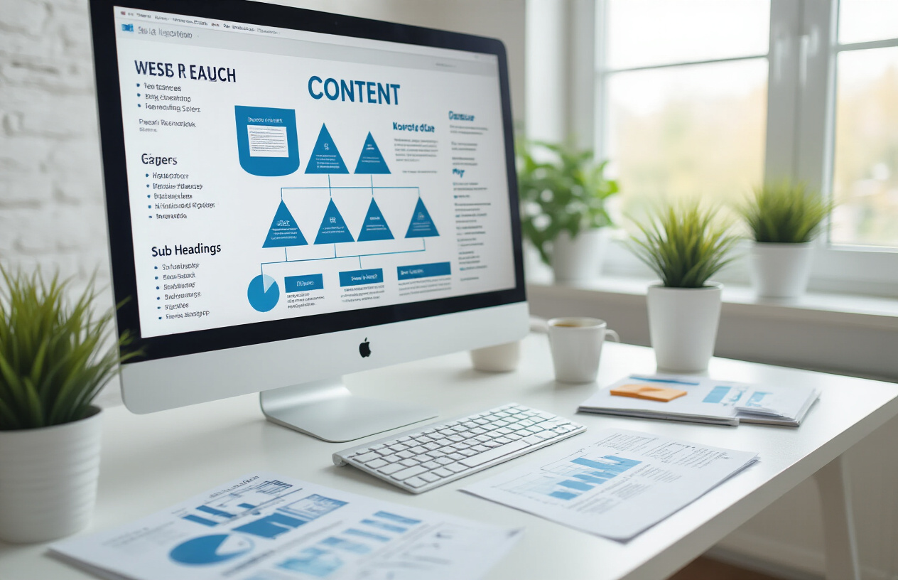 Create a realistic image of a clean, modern workspace showing an organized content structure layout with hierarchical elements like main headings, subheadings, and bullet points arranged in a pyramid or tree-like visual format on a computer screen or paper documents, surrounded by SEO-related materials such as keyword research notes, analytics charts, and content planning sheets on a white desk with natural lighting from a nearby window, creating a professional and focused atmosphere for content optimization work, absolutely NO text should be in the scene.